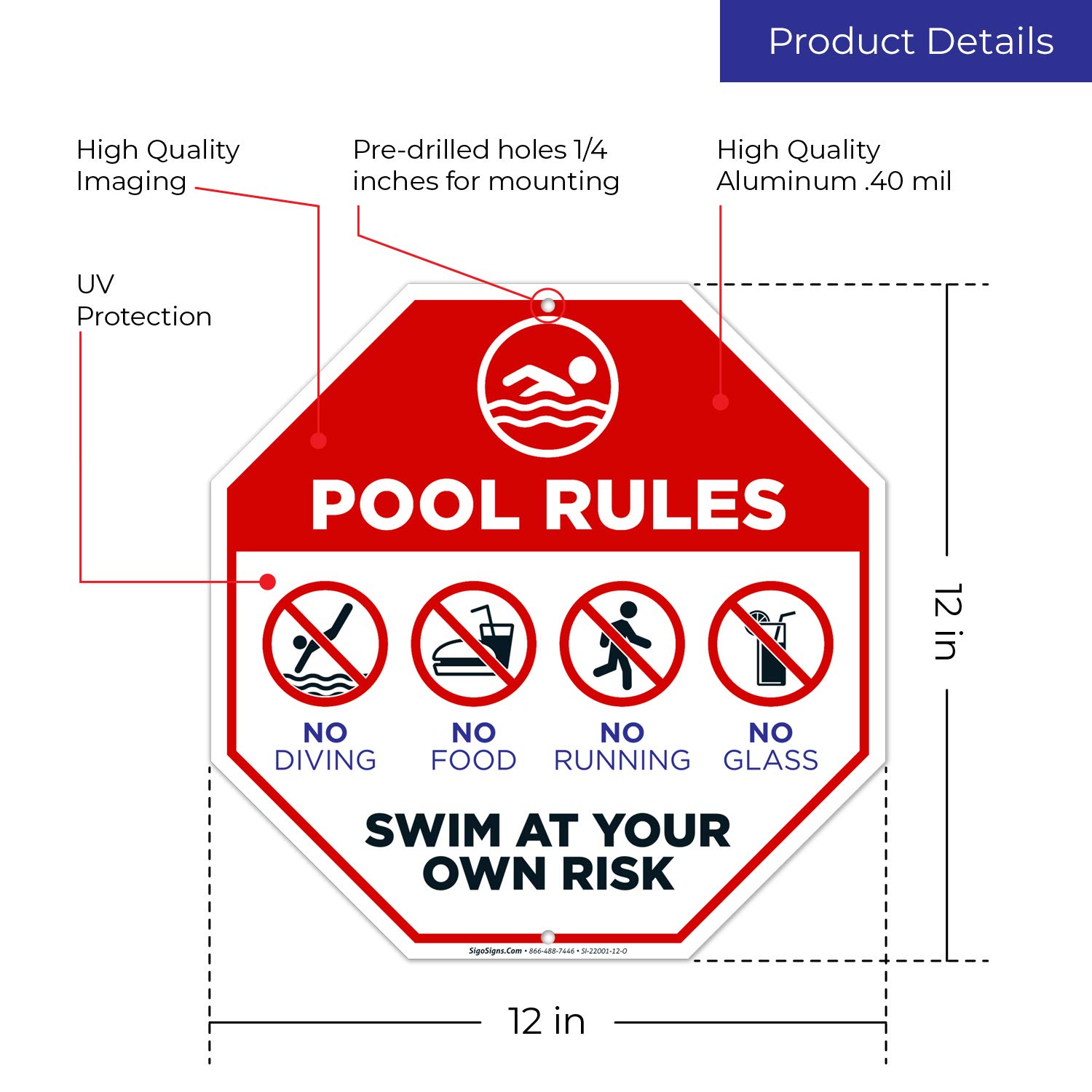 Pool Rules Sign - 12x12 Inches Rust-Free .040 Aluminum, Fade-Resistant, Made in USA - Perfect for Backyard Pools, Community Pools & Water Safety