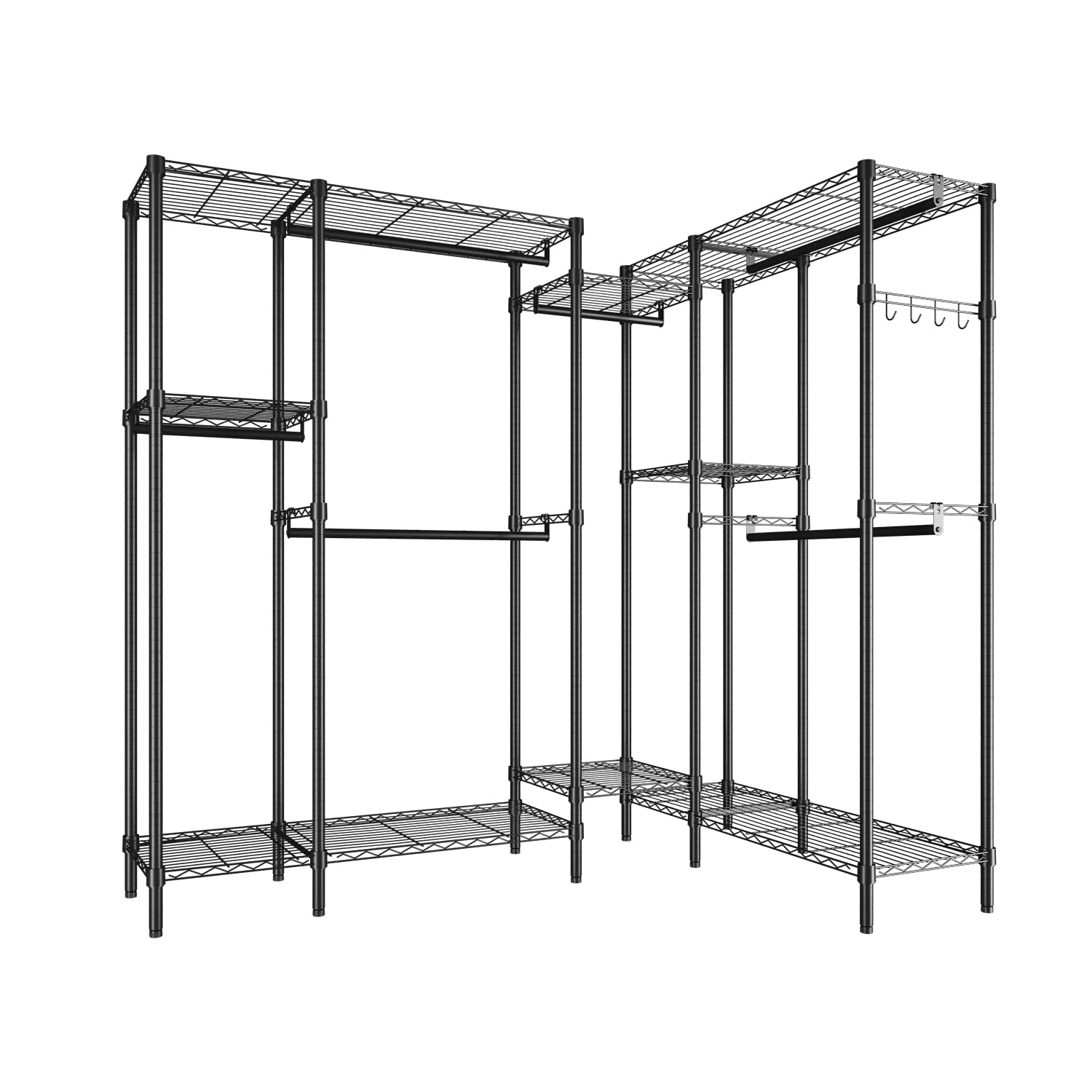 Heavy Duty L-Shaped Metal Garment Rack - Freestanding Wardrobe Closet with 700 lbs Capacity - Multi-Functional Clothes Hanging Organizer for Bedroom, Closet & Laundry Room (Black, 76.7