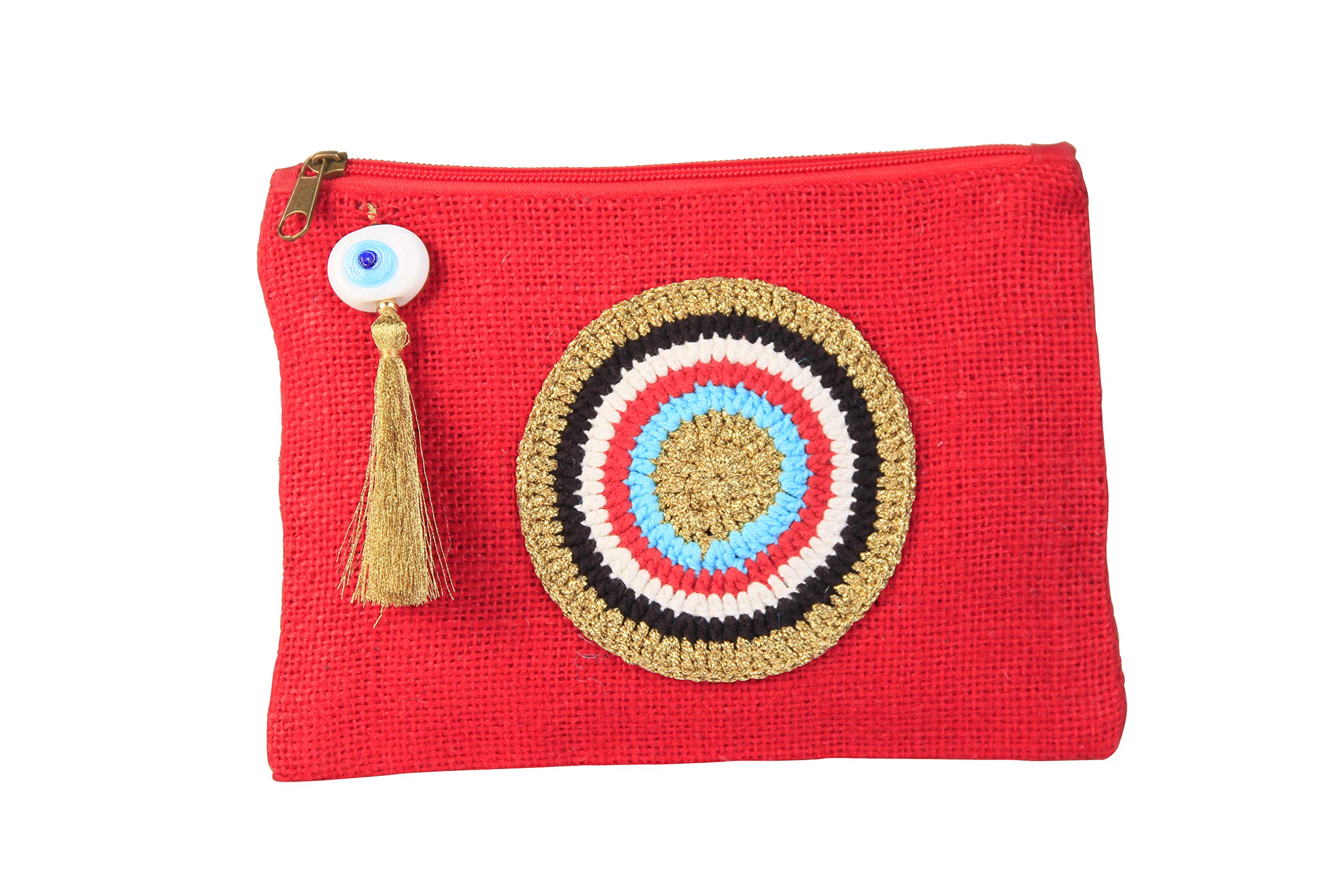 Evil Eye Jute Pouch Bag - Red Beach Tote with Zipper Closure & Tassel - Perfect for Summer Travel, Pool Parties, and Boho Fashion Accessory
