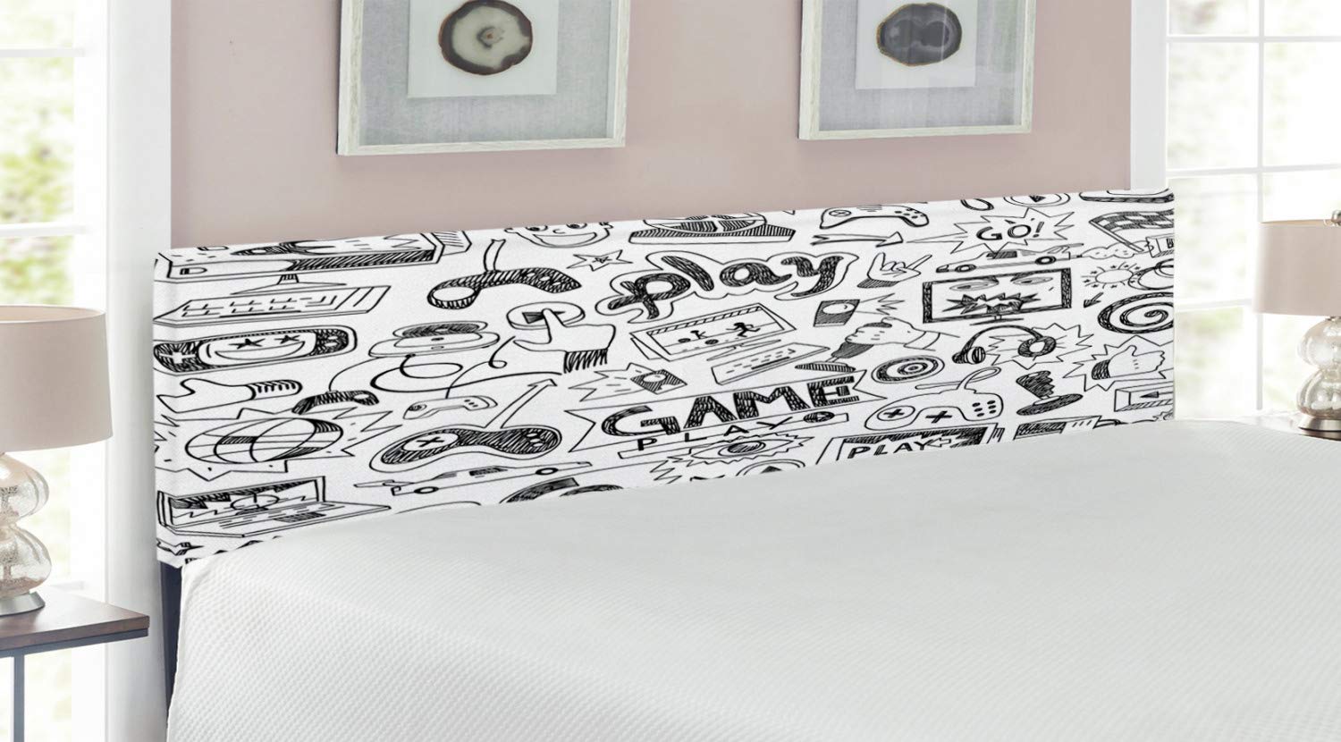 Ambesonne Video Games Headboard - Monochrome Sketch Gaming Design Racing Monitor Device for Teens, 90's Retro Style Upholstered Metal Bed Headboard with Memory Foam, King Size Black & White - Perfect for Gamers' Bedroom Decor & Themed Teen Rooms