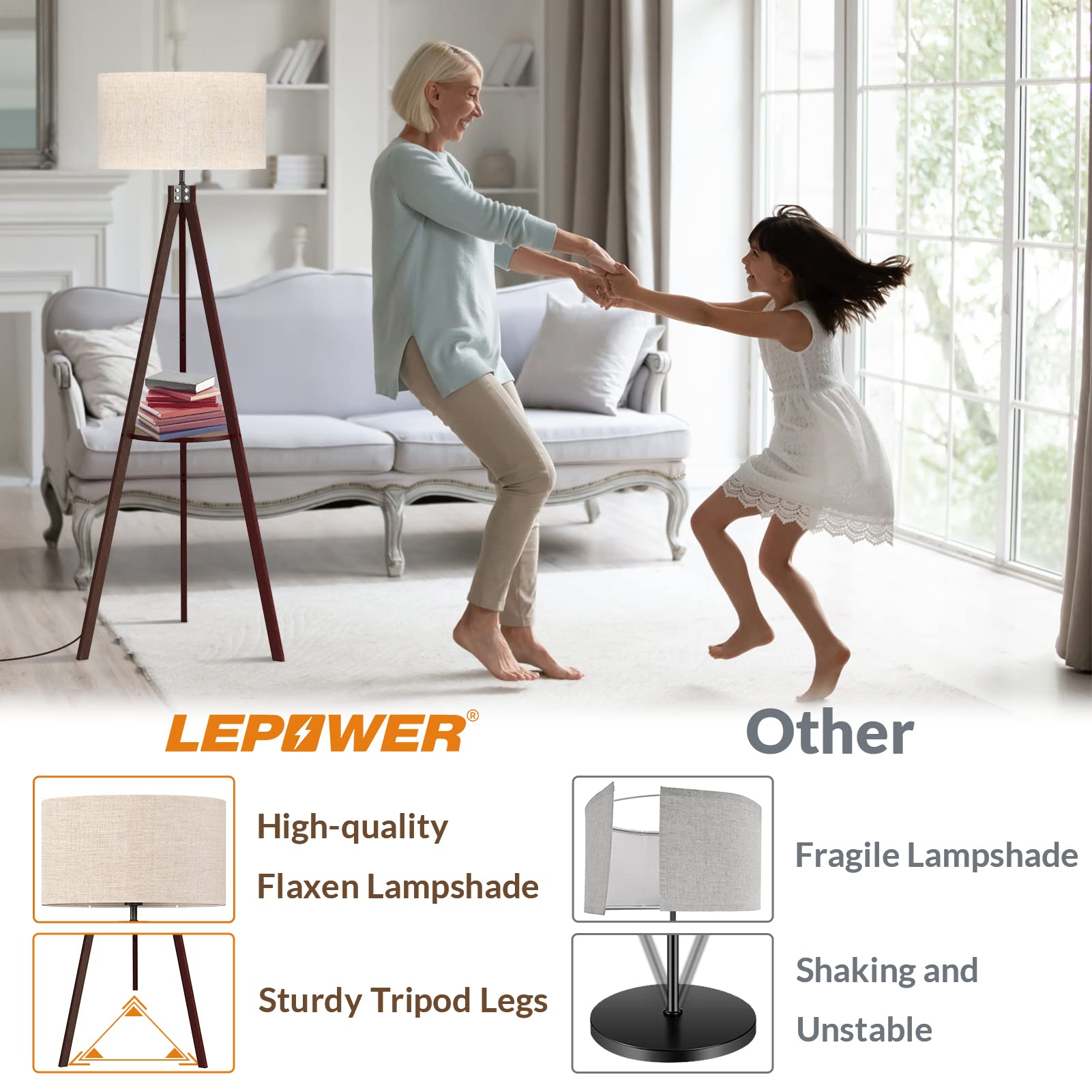 LEPOWER Wood Floor Lamp Brown and Tripod Floor Lamp Walnut - 2-Pack Modern Floor Lamps for Living Room, Bedroom, or Office Lighting Decor