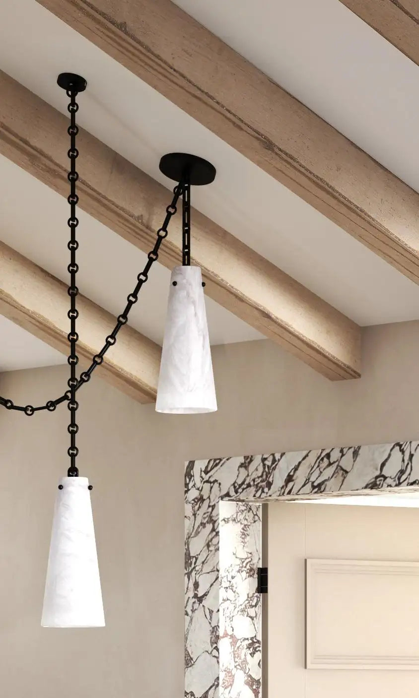 Vintage Alabaster Pendant Light - 3-Light Cluster Chandelier for Dining Room, Kitchen Island & Bedroom | Contemporary Charlie Style in White Alabaster Finish
