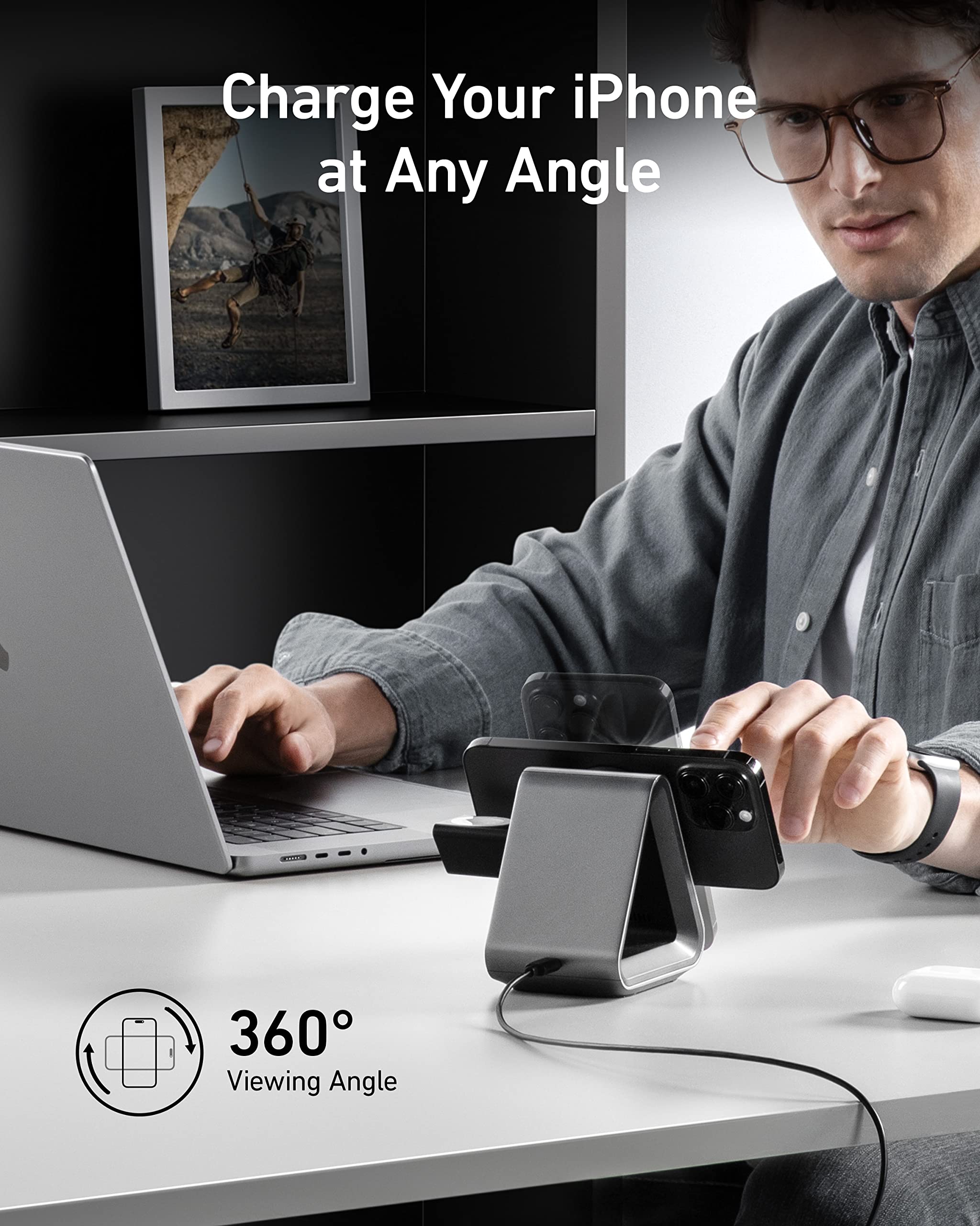 Anker MagSafe Charger Stand 3-in-1 with 15W Fast Charging for iPhone 15/14/13/12, Apple Watch Series 8/7/6 & AirPods | MFi Certified | Includes 30W USB-C Charger | Perfect for Home, Office & Travel Charging Station
