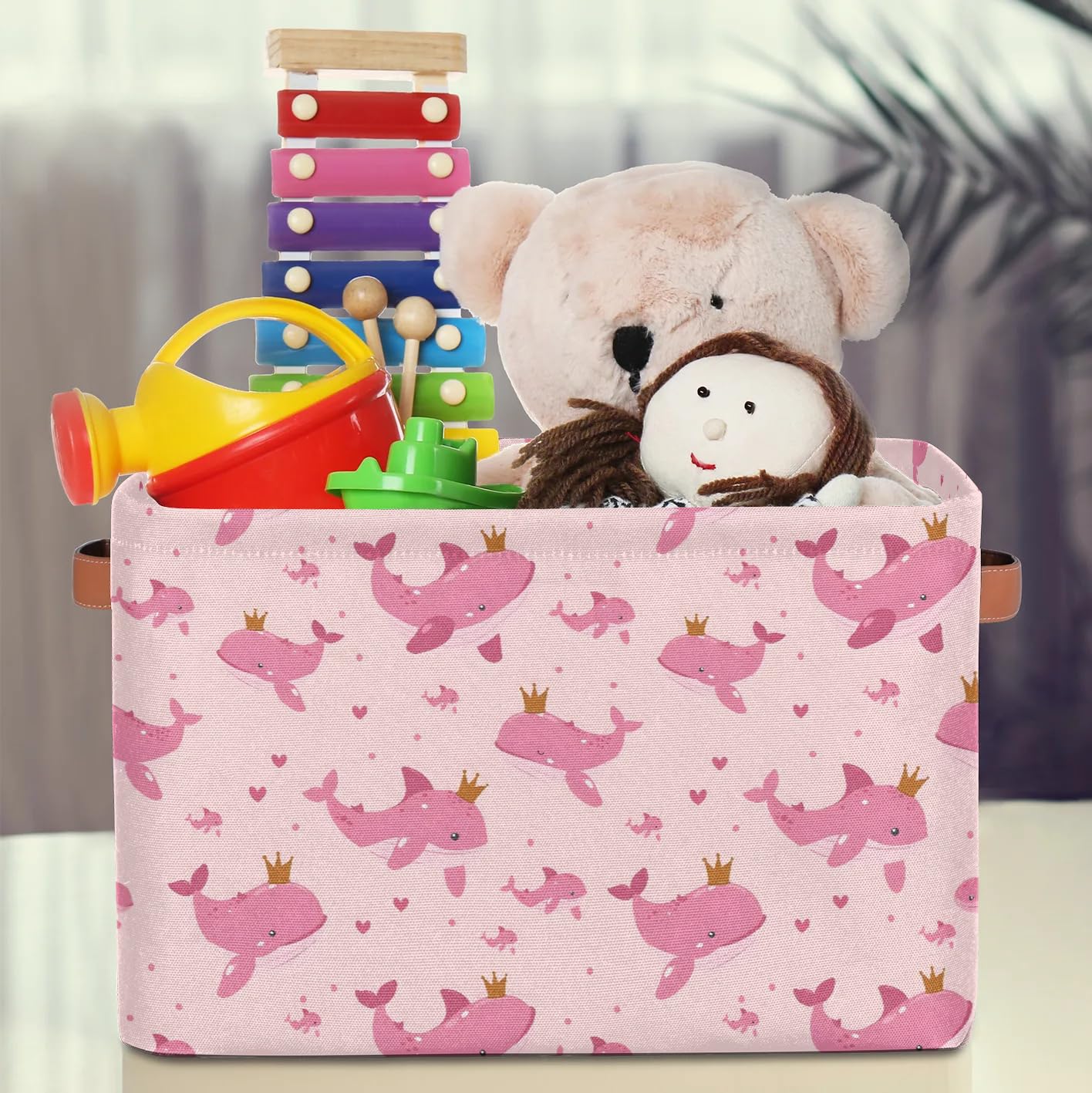 **Pink Cartoon Whale Large Fabric Storage Bins with Handles - 2 Pack Collapsible Organizer Baskets for Shelves, Closet, Toys & Clothes - Perfect for Home, Nursery, and Kids' Room Organization**
