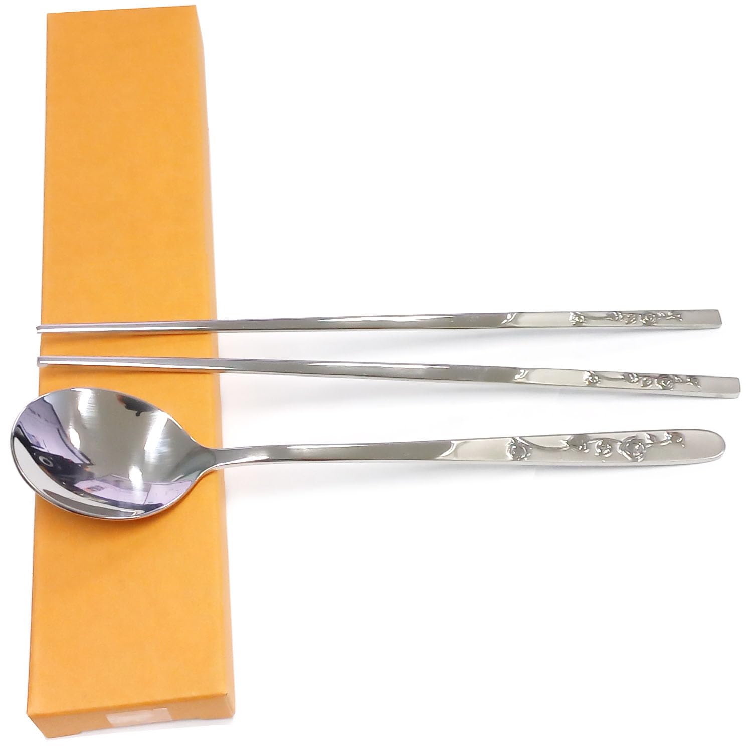 SUPIA Korean Traditional Stainless Steel Cutlery Set - Reusable Long Handle Spoons & Chopsticks for Dining, Gift, or Home Decor (Silver Rose)