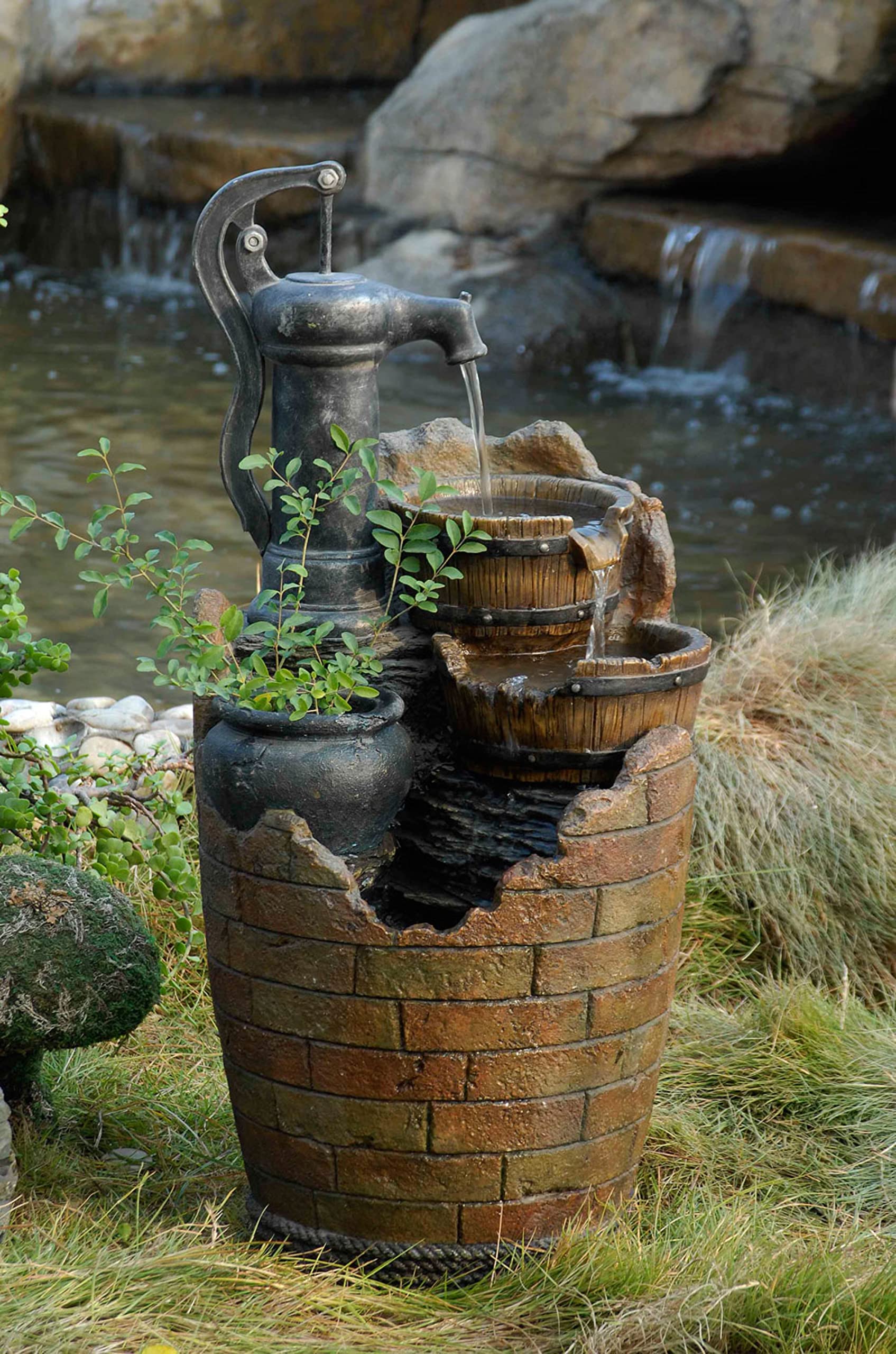 Jeco Glenville Outdoor Water Pump Cascading Water Fountain - Brown/Black - Decorative Garden Fountain for Patio, Yard, and Landscaping