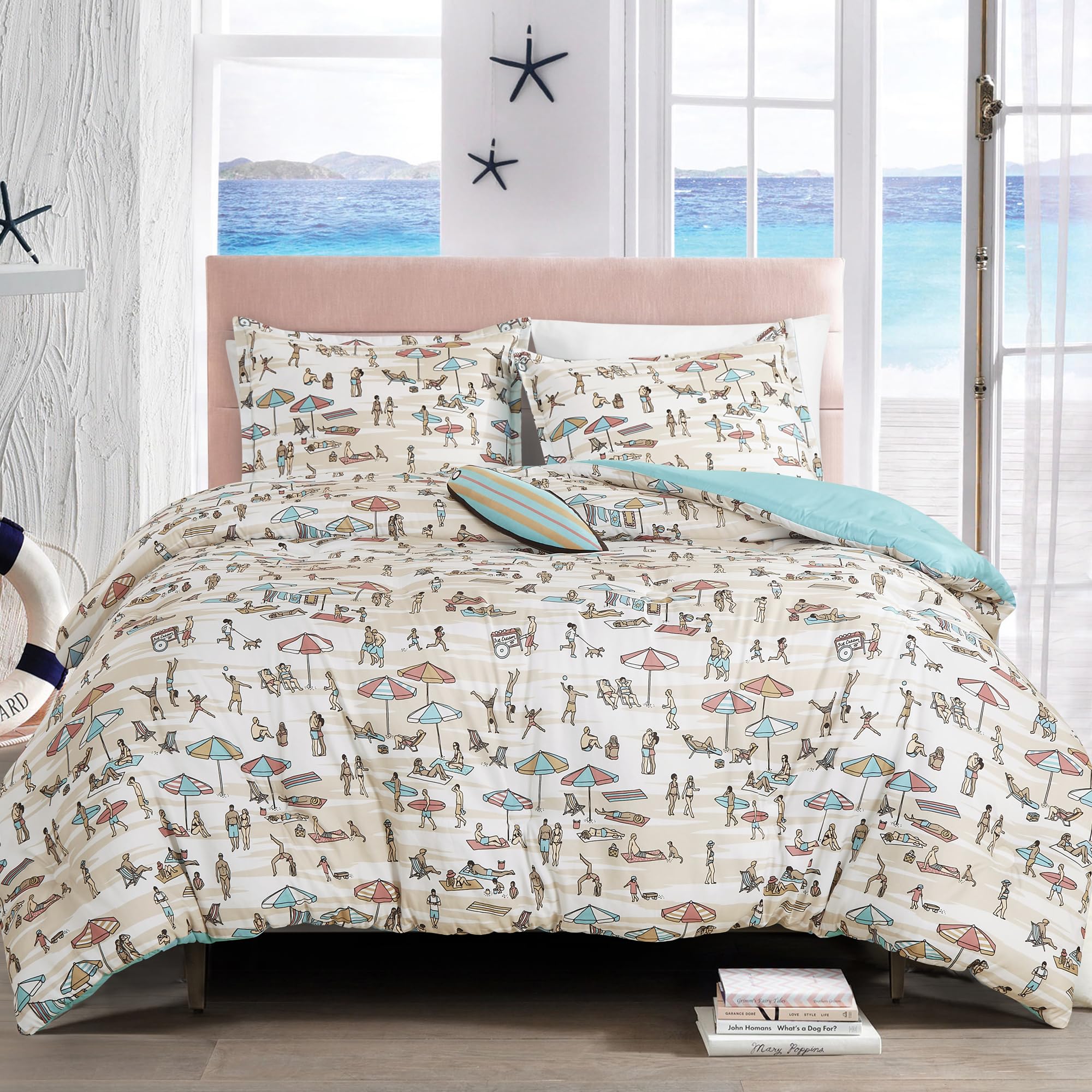 ESCA Kids Coastal Beach Surfing Comforter Set - Full/Queen Size Blue Ocean Theme Bedding with Surfboard Throw Pillow for Boys & Girls | Perfect for Beach House, Summer Camp & Surf-Themed Bedrooms
