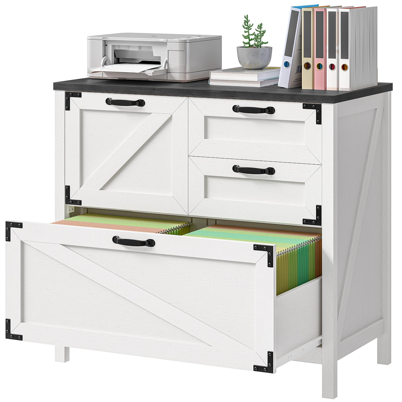 4-Drawer Wood Lateral File Cabinet for Hanging Files - Letter/A4/Legal Size Storage | Farmhouse Style Home Office Furniture | Printer Stand & Office Cabinet in White & Black | Perfect for Document Organization & Workspace Storage