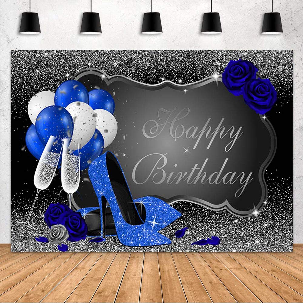 MEHOFOND Glitter Silver & Blue Birthday Backdrop - 7x5ft Women's Party Decor with Royal Blue Heels, Rose Balloons & Champagne Design - Perfect for Birthday Photography, Studio Props & Celebration Backgrounds