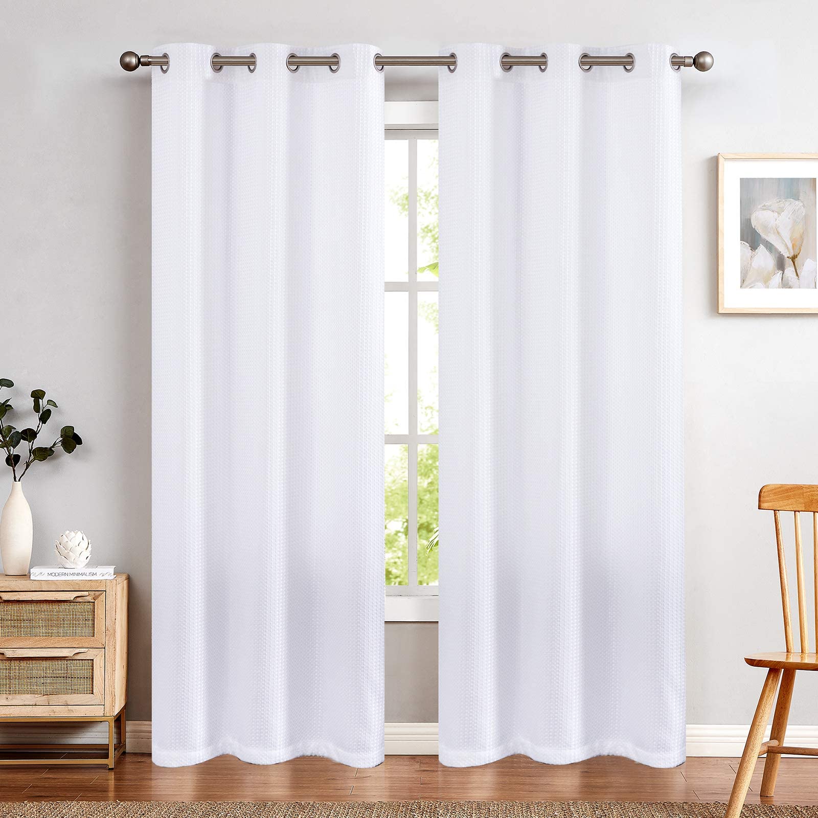 Vangao 90 Inch White Waffle Weave Curtains - Plaid Textured Grommet Top Window Drapes for Living Room & Bedroom | Blackout Privacy Sheers for Home Decor & Cozy Atmosphere