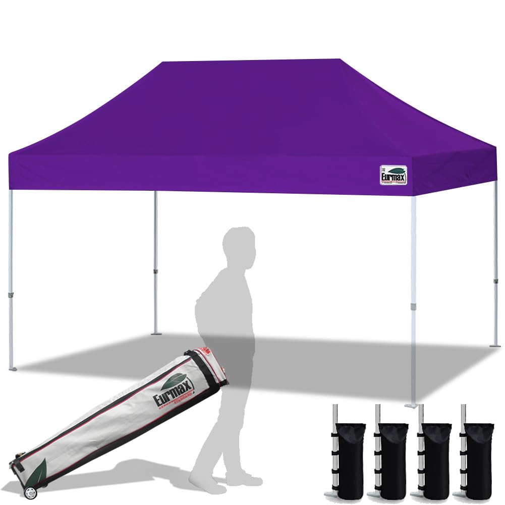 Eurmax USA 10'x15' Heavy Duty Commercial Pop Up Canopy Tent with Roller Bag & 4 Sand Weight Bags - Purple | Instant Shelter for Outdoor Events, Farmers Markets, Beach Parties & Tailgating