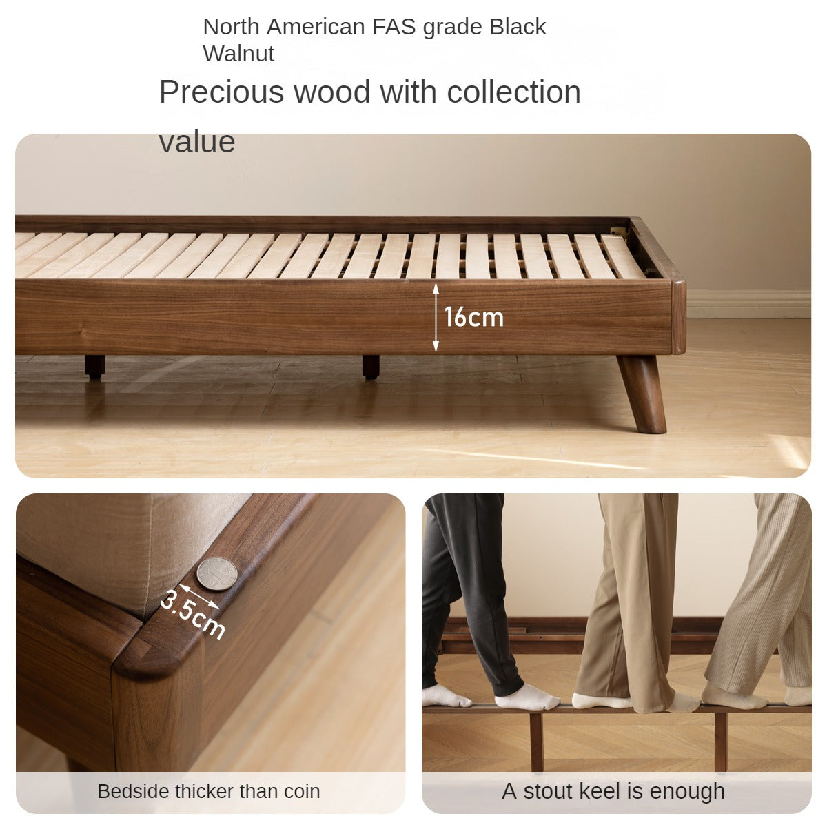 Premium Black Walnut Solid Wood Leather & Tech Fabric Bed Frame - Modern Platform Bed for Master Bedroom, Guest Room & Dormitory