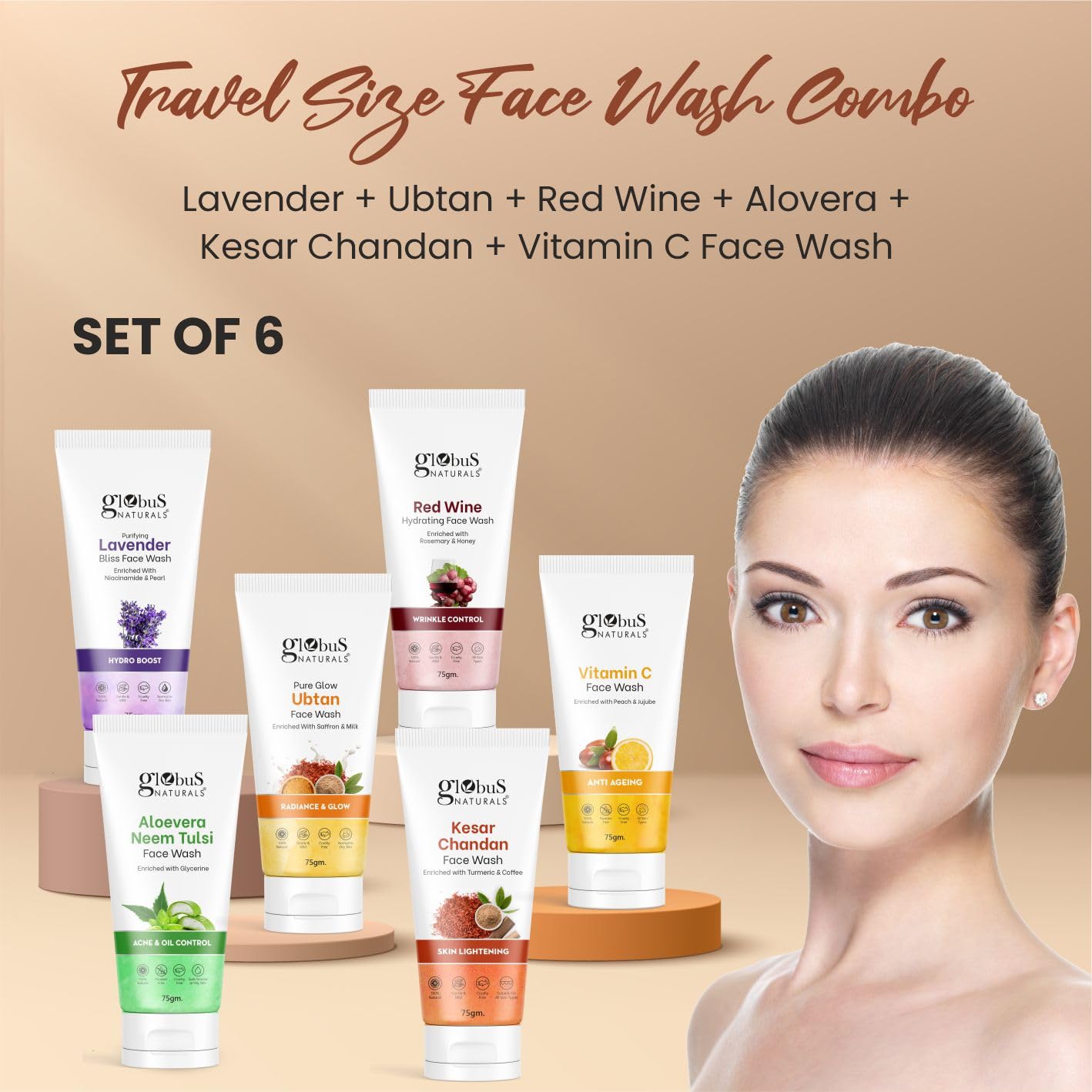 Globus Naturals Face Wash Combo Set of 6 (75g Each) - Lavender, Ubtan, Red Wine, Aloe Vera Neem Tulsi, Kesar Chandan & Vitamin C for Daily Skincare & Acne Control | Gentle Cleansing for All Skin Types | Perfect Travel & Gift Set