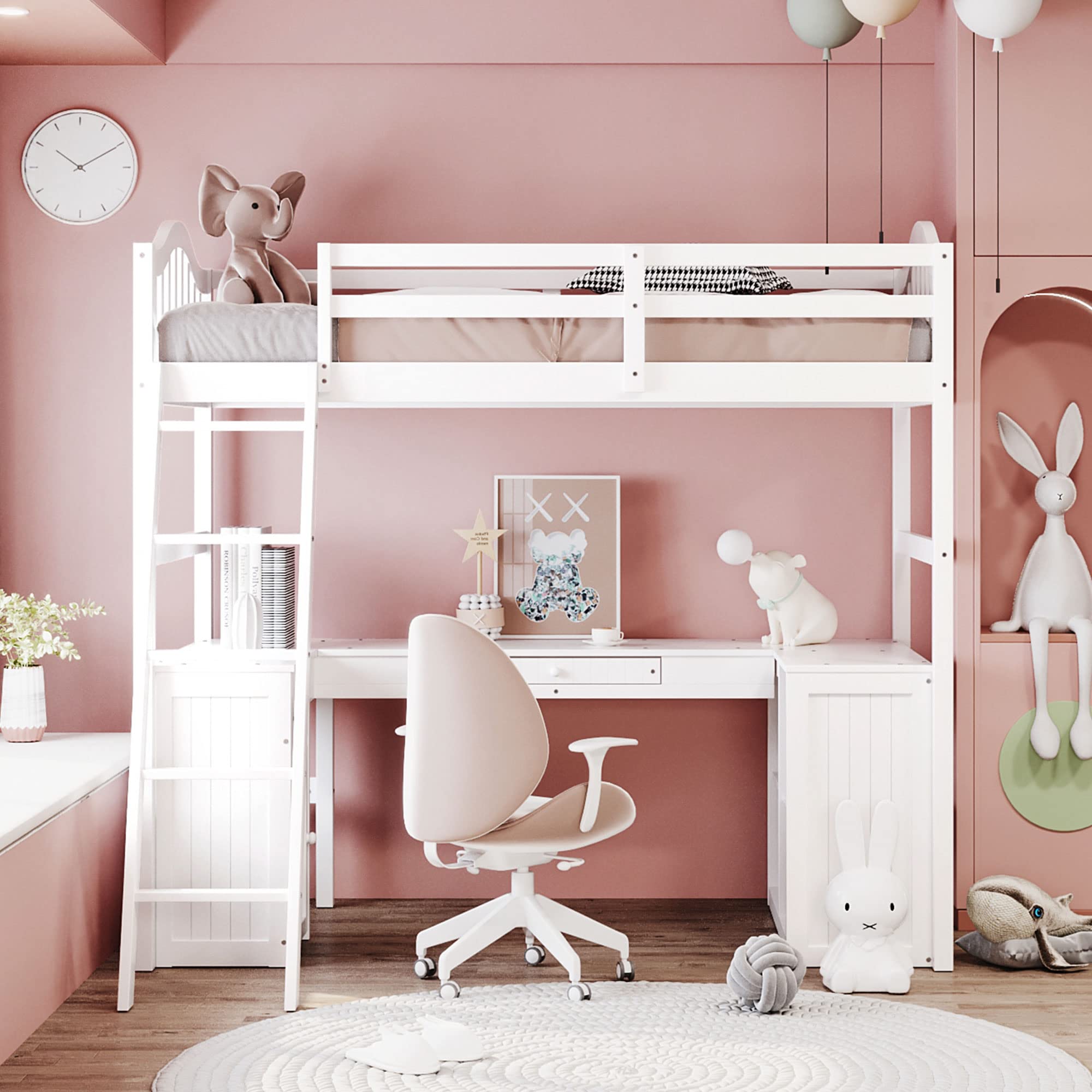Harper & Bright Designs White Wood Twin Size Loft Bed with Drawers, Cabinet, Shelves & Desk - No Box Spring Needed - Space-Saving Kids Bedroom Furniture for Small Rooms & Dorm Living