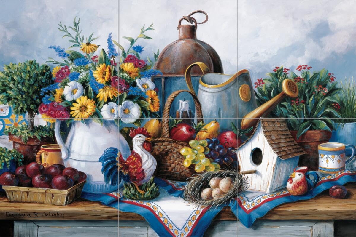 Hand-Painted Ceramic Backsplash Tile Mural for Kitchen & Garden Decor - Barbara Felisky Artwork - Perfect for Kitchen Renovation & Outdoor Dining Table Decoration