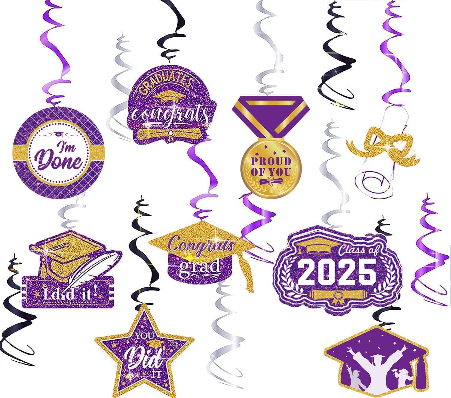 2025 Graduation Party Decorations - Purple, Black & Gold Hanging Swirls for NYU, ISU & College Graduates | Class of 2025 Graduation Decor for Dorms, Parties & Photo Backdrops