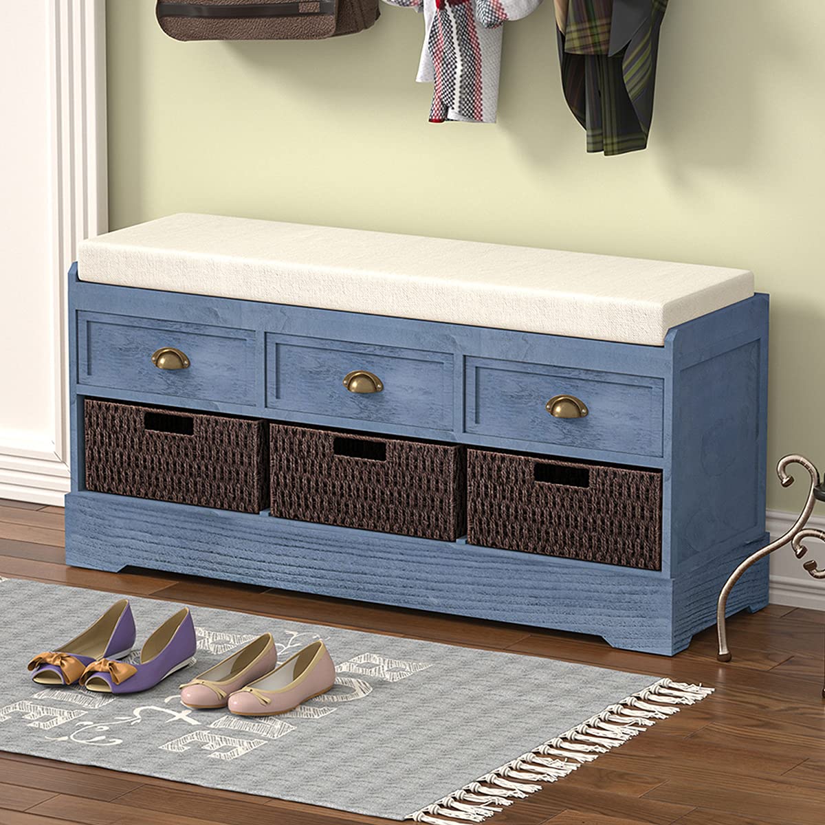 LJ Organizer Storage Bench with 3 Drawers & Rattan Baskets - Entryway Shoe Bench with Removable Cushion for Hallway, Living Room - Perfect for Small Space Organization & Entryway Decor