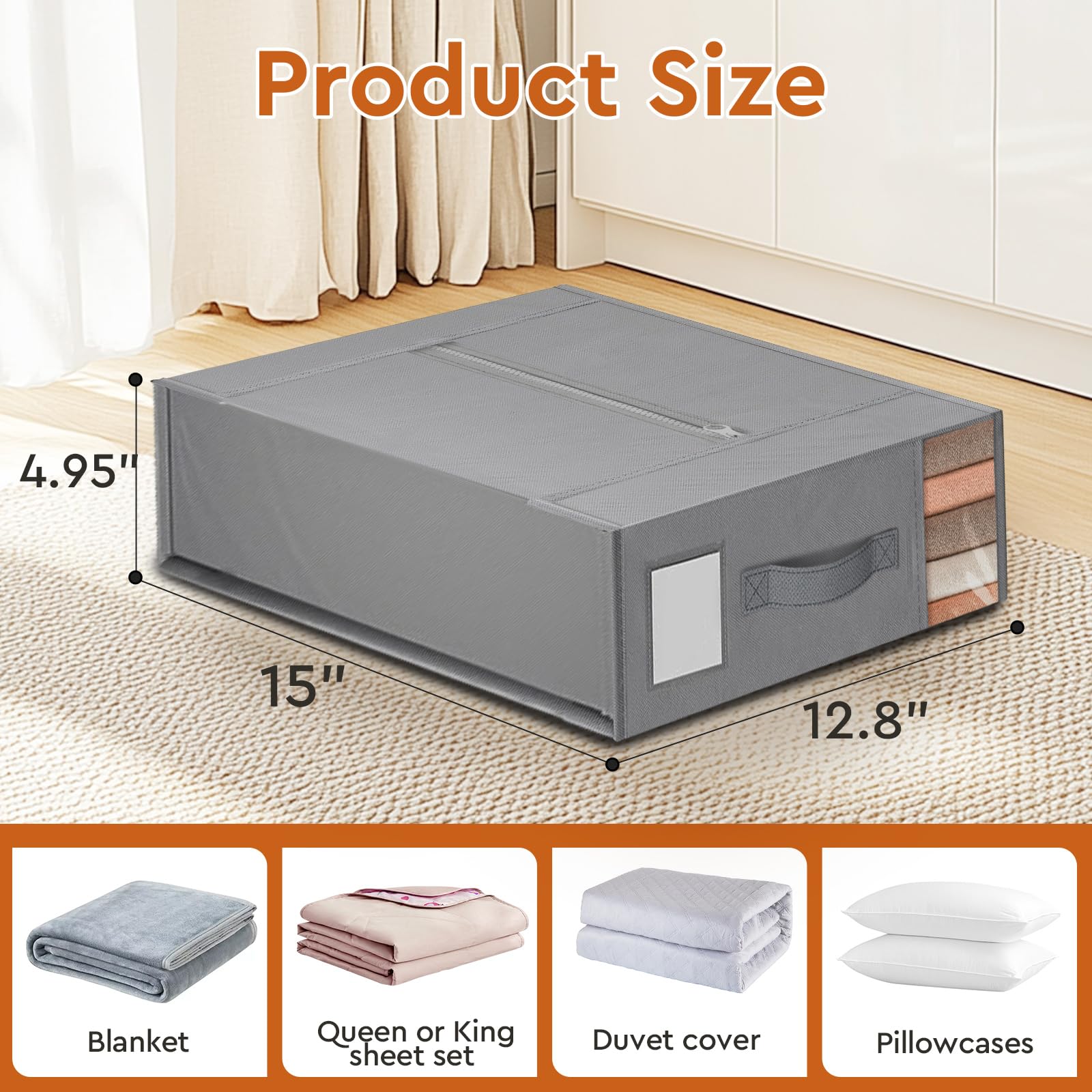 4 Pack Foldable Closet Organizers with Window & Label - Sturdy Storage Containers for Bedding, Sheets, Duvet Covers & Blankets (Grey) - Perfect for Closet, Wardrobe & Home Organization