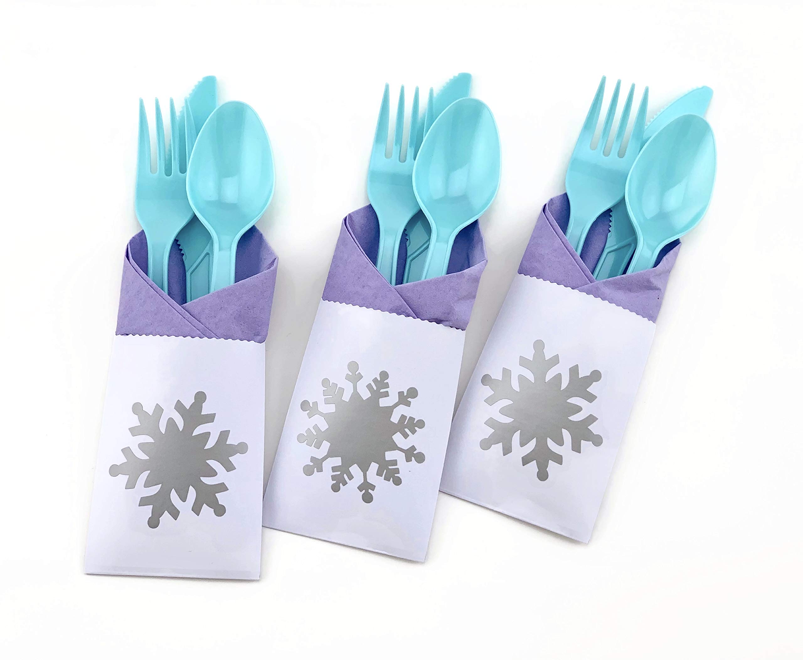 Snowflake Party Decorations Set - 24-Piece Winter Wonderland Princess Birthday Supplies with Purple Napkins, Plastic Cutlery & Paper Bags | Perfect for Birthday Parties, Baby Showers & Holiday Celebrations