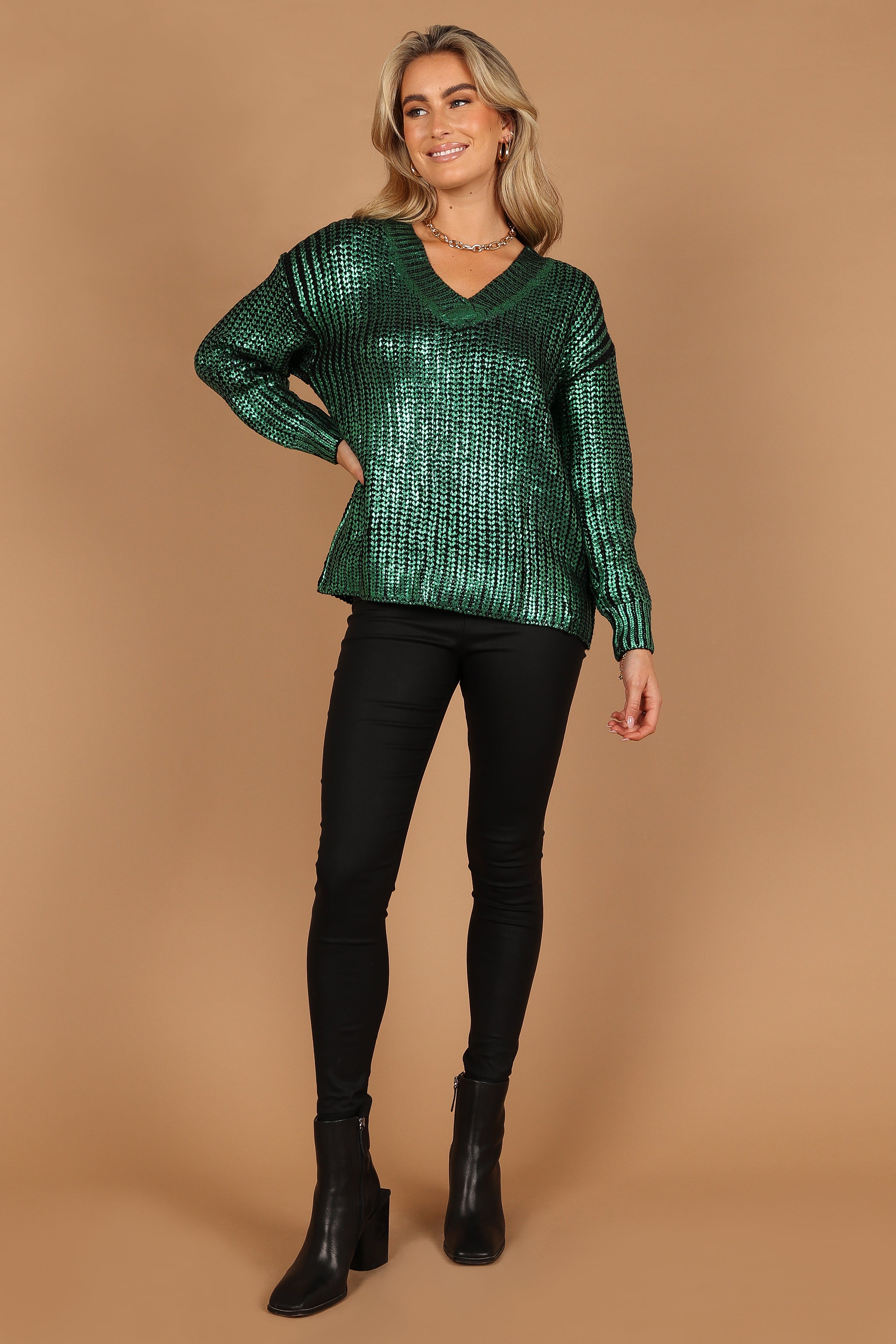 Cameron Crewneck Metallic Knit Sweater for Women - Soft Green Winter Pullover, Cozy Casual Wear for Office, Date Night & Holiday Outfits