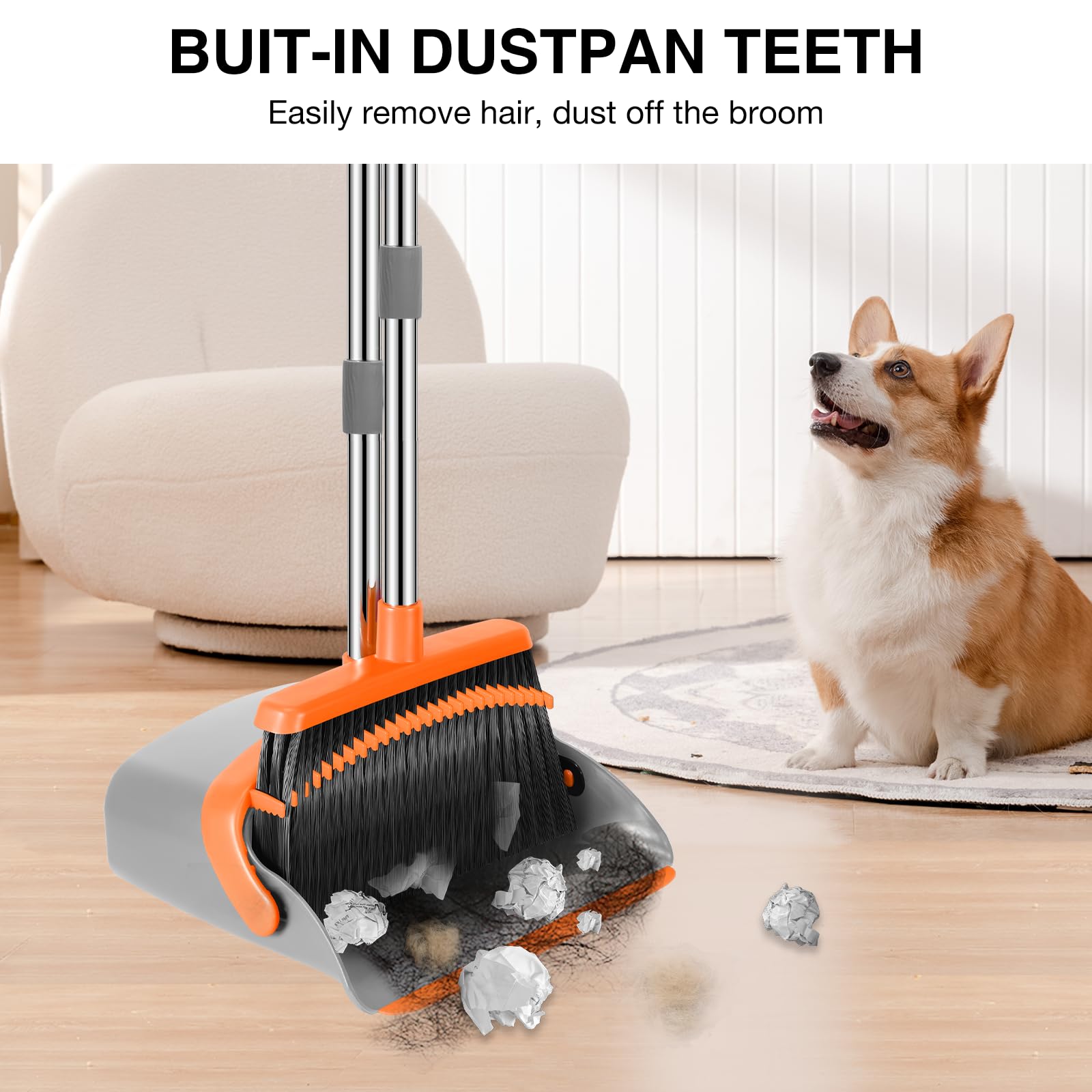 52-in Long Adjustable Handle Broom and Dustpan Set with Teeth for Hair Cleaning - Gray & Orange | Ideal for Home, Kitchen, Office & Hallway Floors