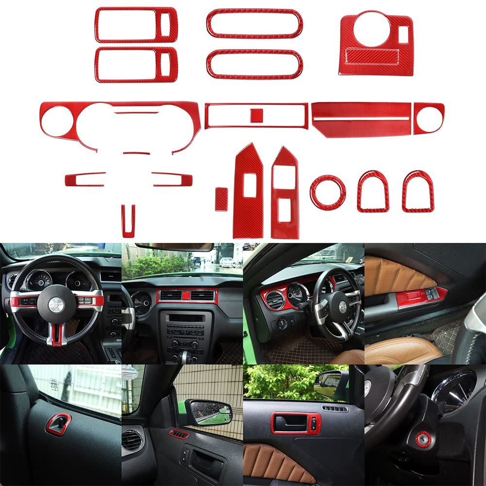 AEISOY 22Pcs Red Carbon Fiber Interior Kit for Mustang 2009-2013 - Steering Wheel Cover, Dashboard & Door Trim Accessories | Premium Car Interior Decoration & Protection Upgrade