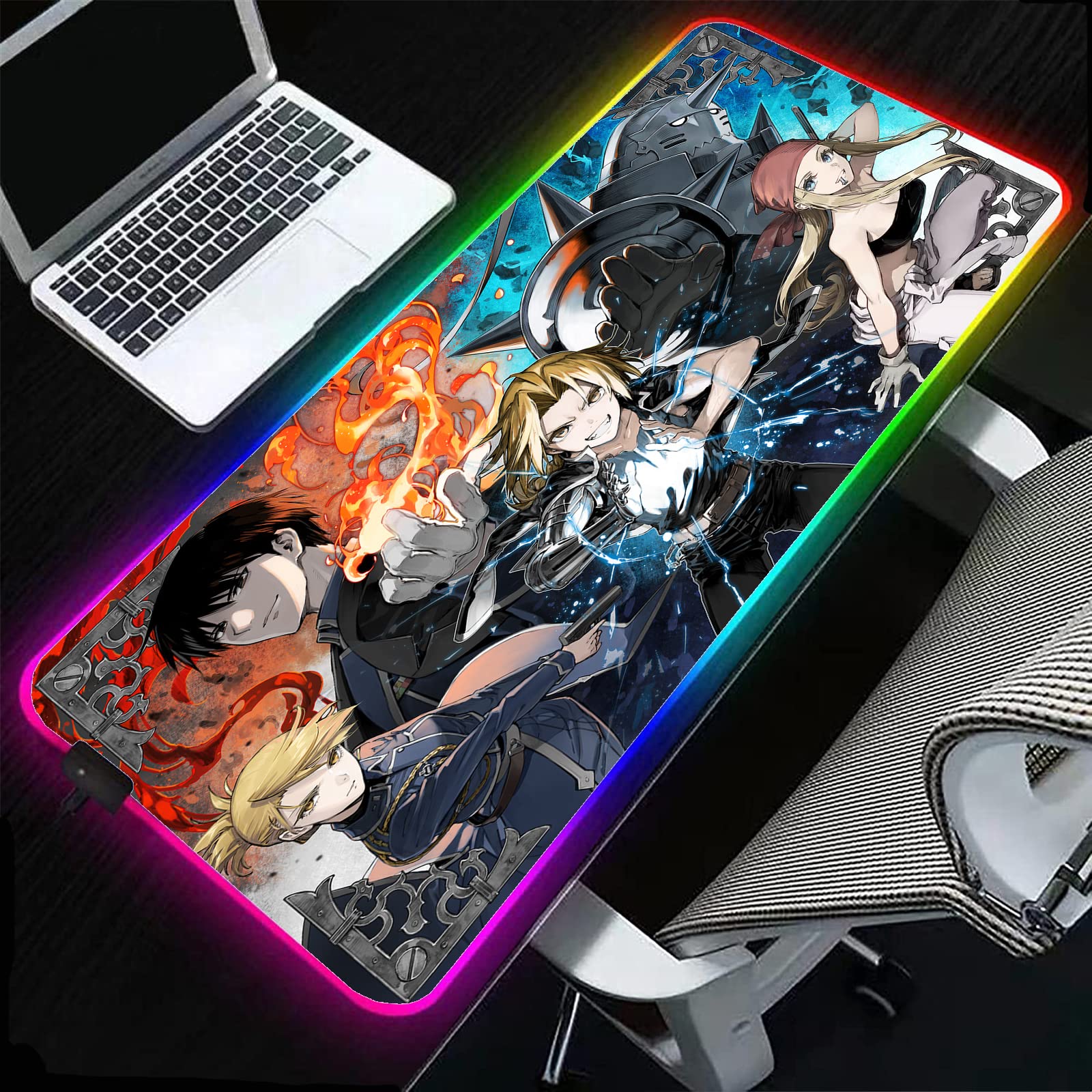 Fullmetal Alchemist Anime RGB Gaming Mouse Pad - 35.43x15.74 Inch LED Extended Desk Mat for PC, Laptop, Keyboard | Perfect for Gaming, Office Work & Home Computer Setup