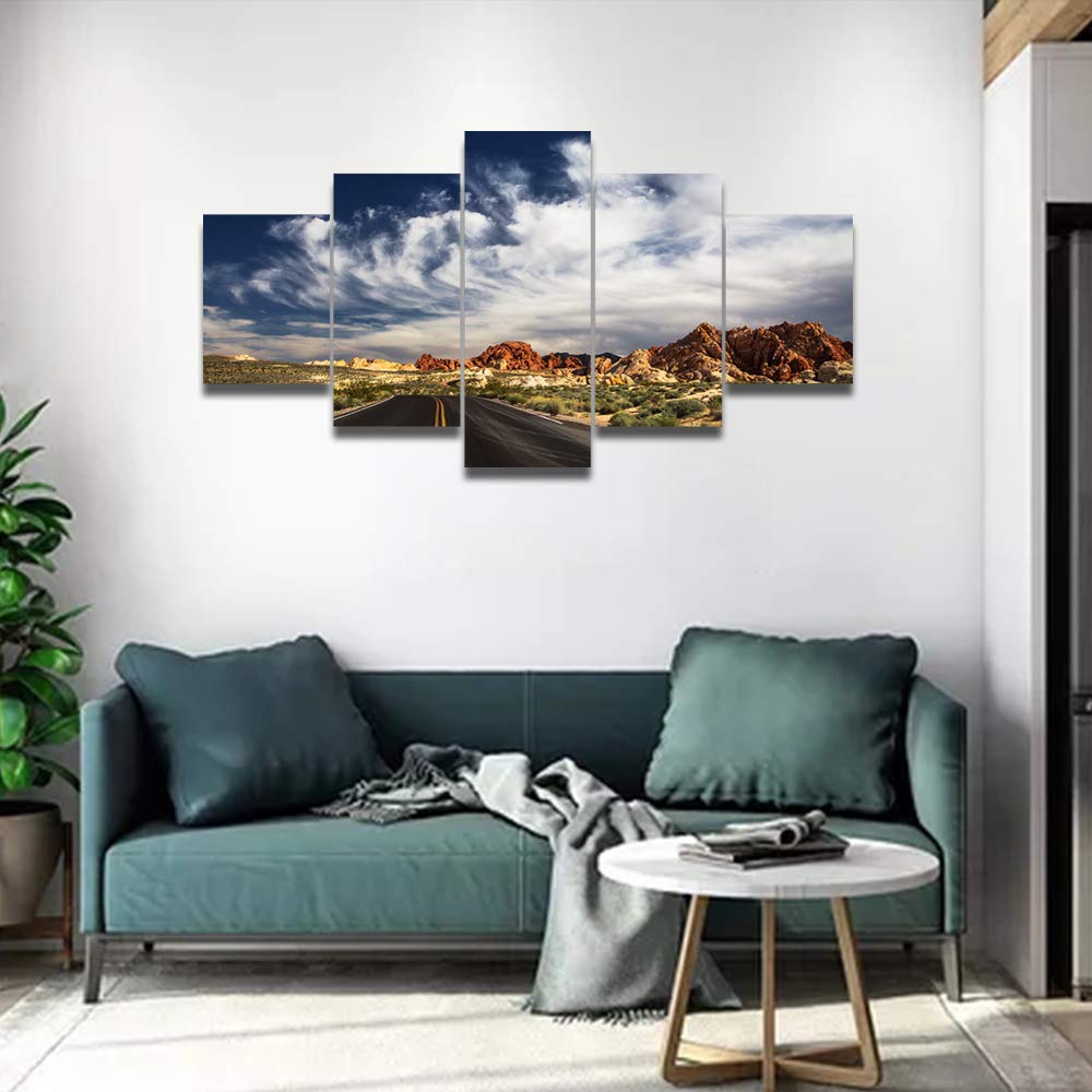 TUMOVO 5-Panel Framed Canvas Wall Art - US Route 51 Desert Mountain Landscape Painting with Sky Clouds | Nature Scenery Artwork for Living Room, Office & Bedroom Decor | Perfect for Home, Office & Hospitality Spaces