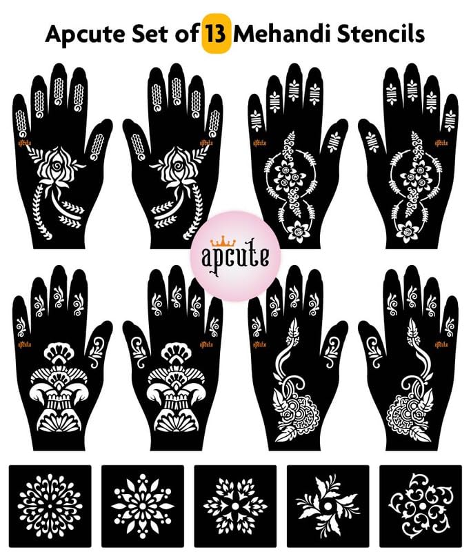 APCUTE 13-Piece Henna Design Stickers for Hands | Temporary Tattoo & Mehandi Stencil Kit for Women & Girls | Easy 4-Step Application (Designs 125,136,165,176) | Perfect for Weddings, Parties & Festivals