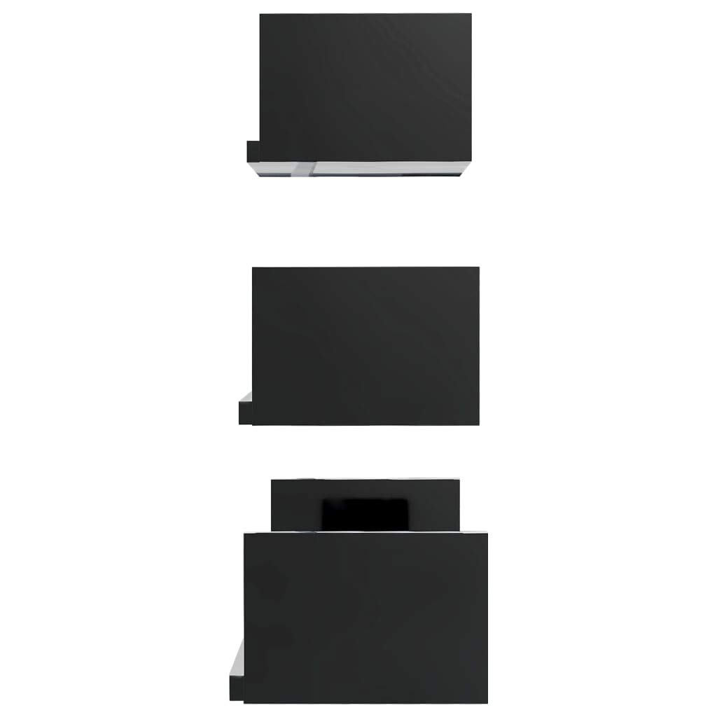 3-Piece Wall Display Shelf Set - Floating Wall Mounted Shelves for Storage - High Gloss Black Chipboard - Perfect for Bedroom, Living Room, Bathroom, Kitchen & Office Organization