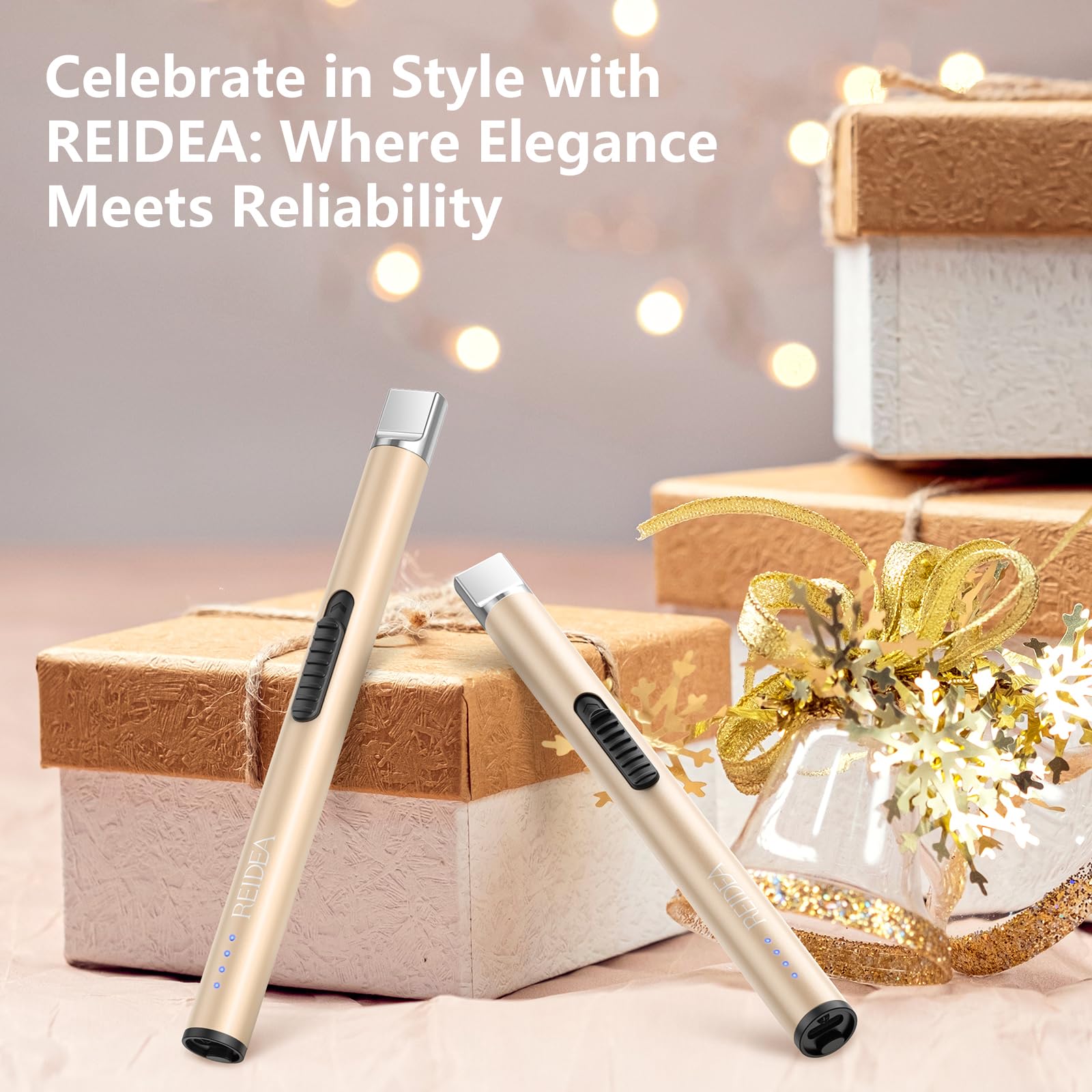 REIDEA S4 Pro USB Rechargeable Electric Arc Lighter - Flameless Windproof Plasma Lighter with Safety Lock & LED Battery Indicator for Candles, Fireworks, BBQ, Camping (Champagne Gold) - Perfect for Outdoor Adventures, Home Decor & Gifts