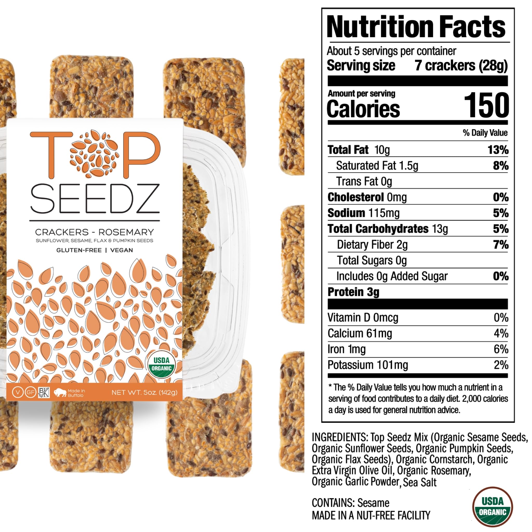 Top Seedz Certified Organic Gluten Free Rosemary Seed Crackers - 6-Pack (5oz) | Vegan, Plant-Based Protein Snacks with Sunflower, Flax, Sesame & Pumpkin Seeds | Perfect for Healthy Snacking, Lunchboxes & Keto Diets