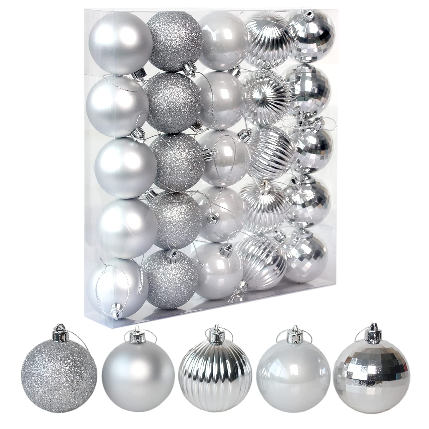 25 Christmas Ball Ornaments Set - 2.36 Inch (60mm) Silver Hanging Balls for Tree Decorations, Holiday Party & Home Decor - 5 Unique Styles for Festive Christmas Decorating