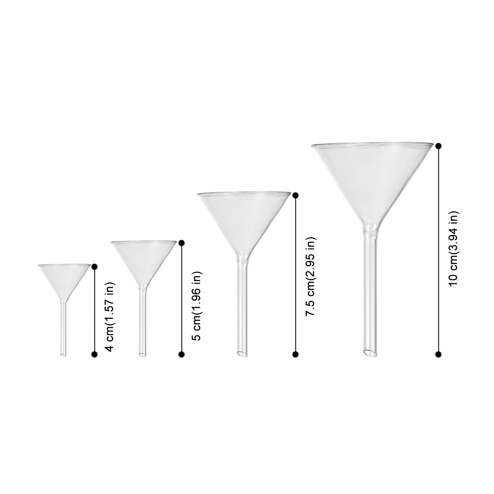 4-Piece Lab Glass Funnel Set - Scientific Glass Triangle Funnels for Bottle Filling, Perfumes, Essential Oils & Laboratory Chemicals | Perfect for Science Experiments, DIY Crafts & Essential Oil Blending