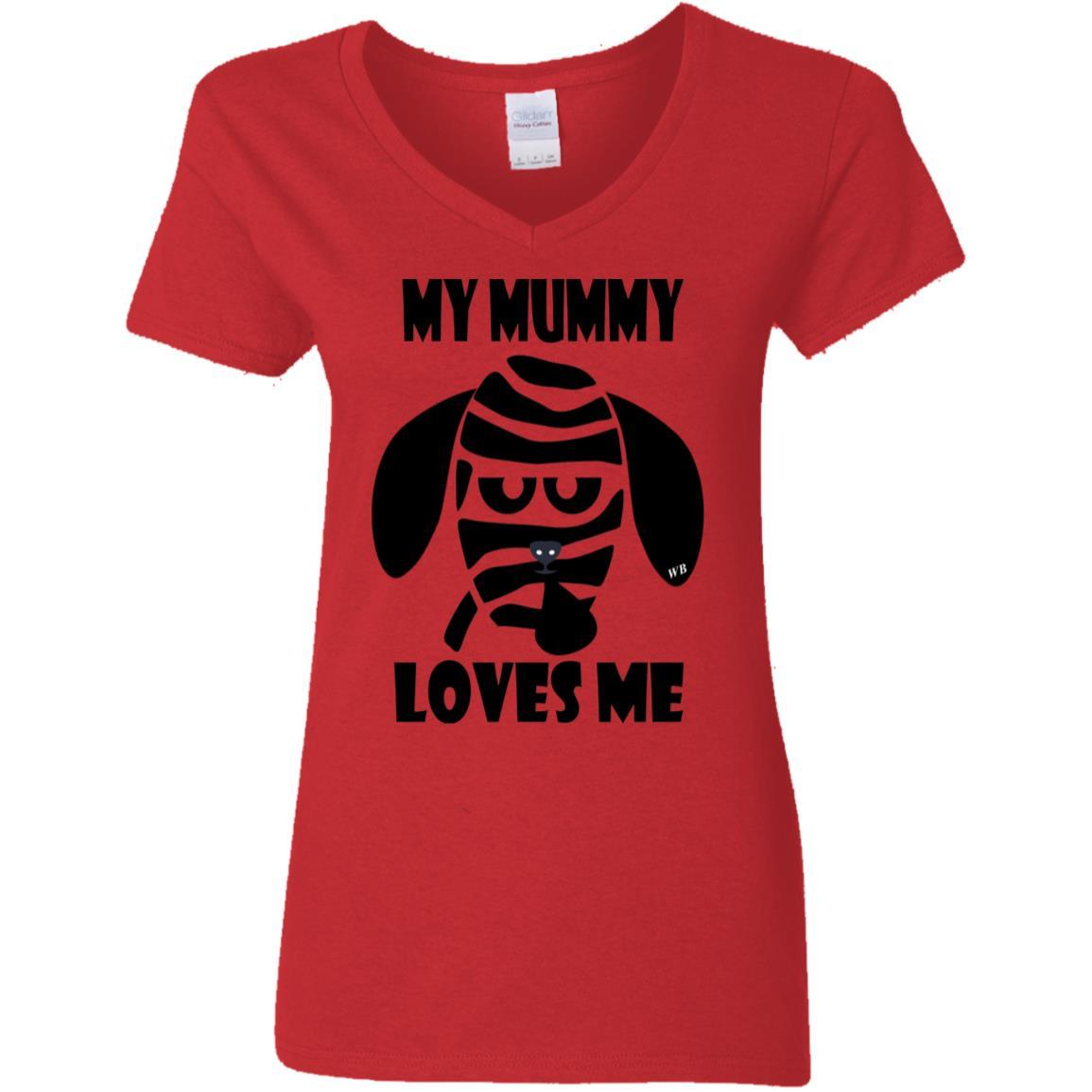 My Mummy Loves Me Halloween Women's 5.3 oz V-Neck T-Shirt | Funny Spooky Graphic Tee for Costume Parties & Trick or Treating
