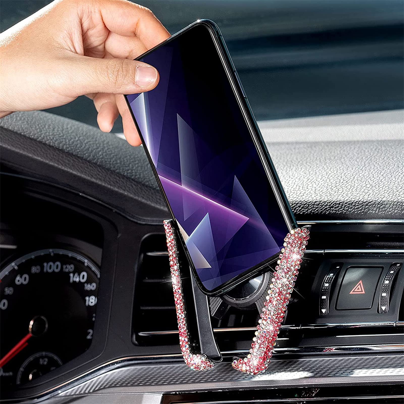BAIJAC Bling Car Phone Holder - 360° Adjustable Mini Air Vent Mount with Rhinestone Crystal, Universal Pink Car Accessories for Women and Girls, Perfect for Commuting and Road Trips