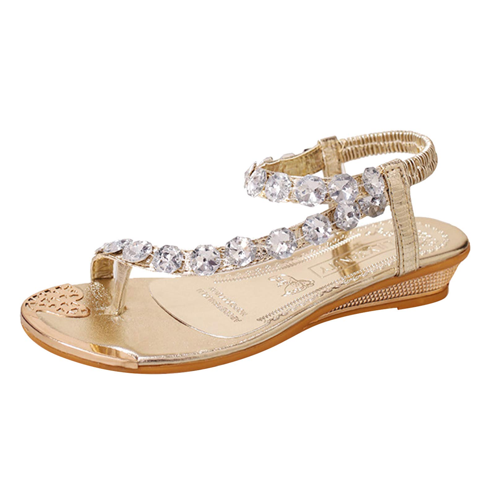 Bohemian Style Women's Beach Wedge Sandals with Crystal & Denim Design - Comfortable Slip-On Slippers for Summer, Vacation & Casual Wear