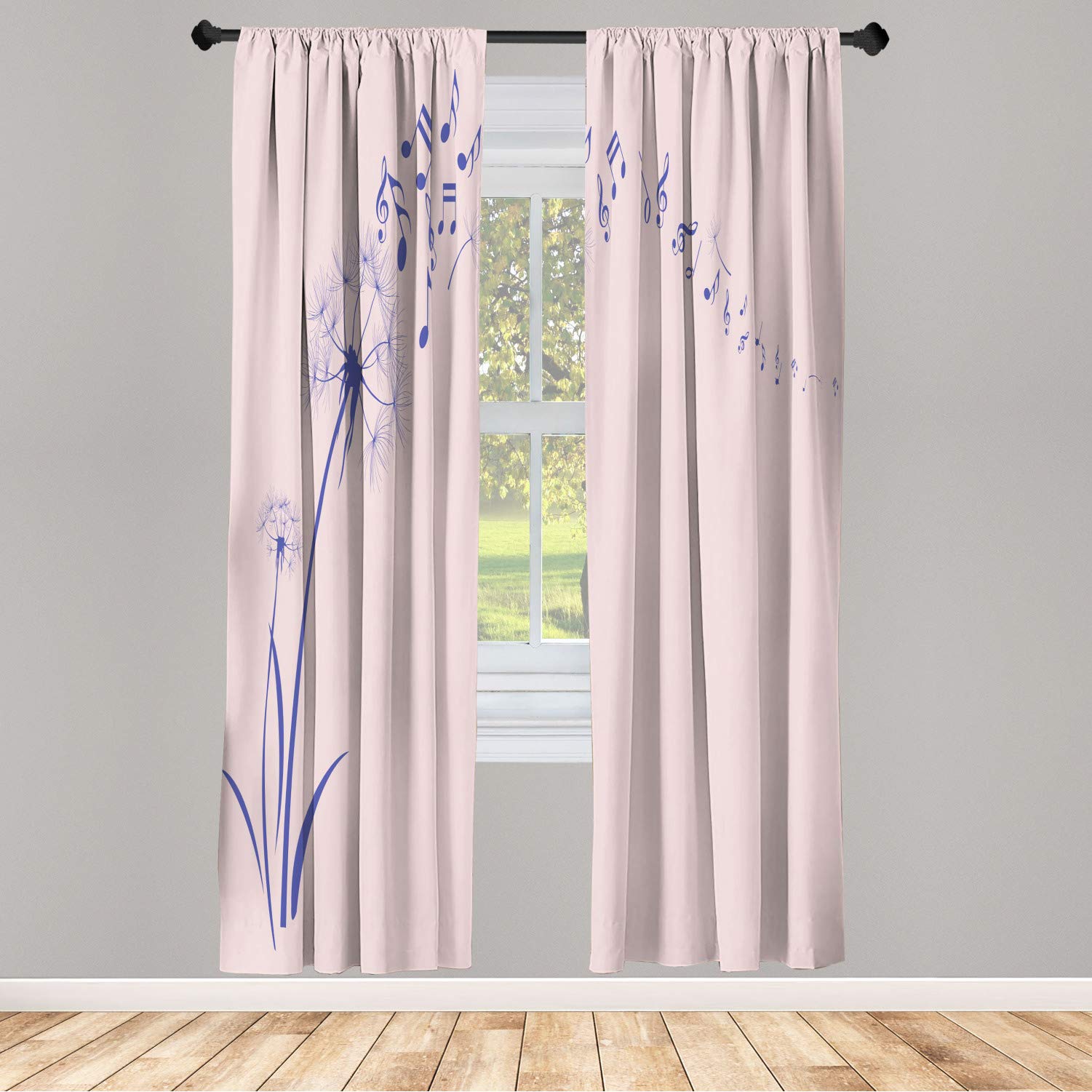 Ambesonne Music Themed Window Curtains - Flying Dandelions with Musical Notes Print, Spring Meadow Silhouette Design, Lightweight Soft Fabric, 2-Panel Set with Rod Pocket (28