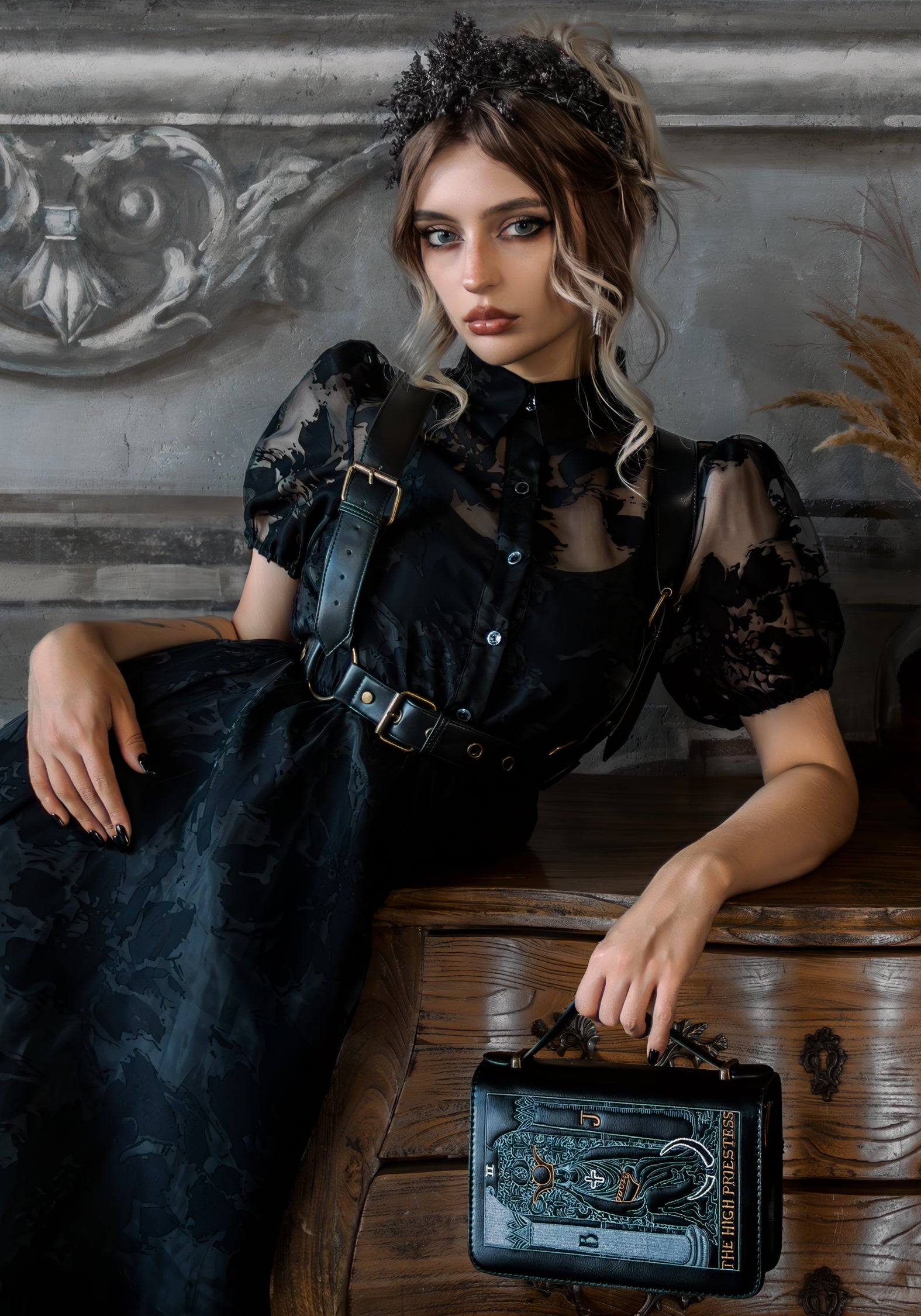 High Priestess Embroidered Crossbody Clutch Bag for Women - Gothic Boho Handbag with Adjustable Strap - Perfect for Parties, Concerts & Date Nights