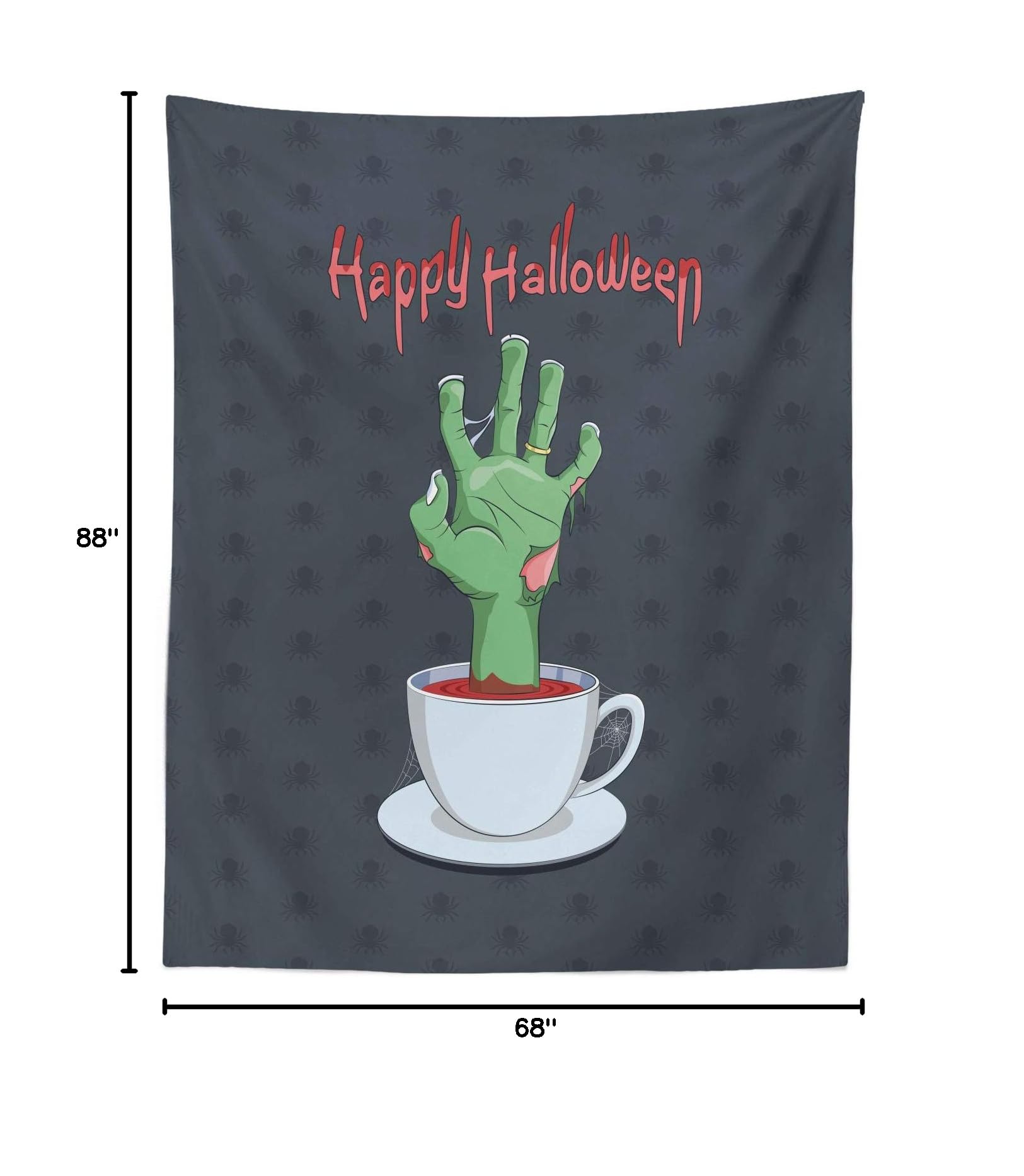 Ambesonne Halloween Tapestry - Zombie Hand in Bloody Tea Cup with Spiders & Happy Halloween Lettering - 68x88 Inch Grey Pale Rust Green Wall Hanging for Bedroom Decor, Dorm Room, Party Backdrop & Seasonal Home Decoration