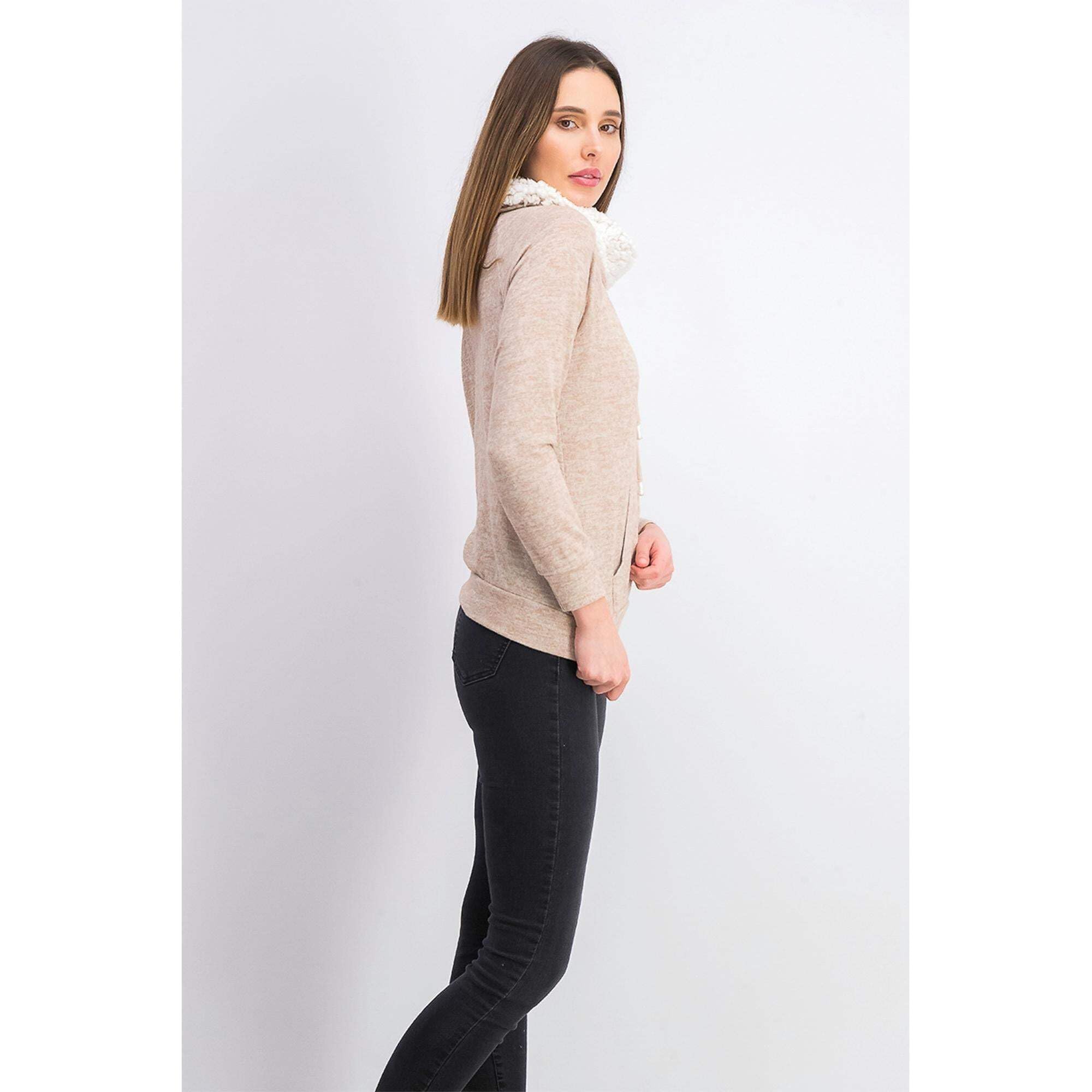 Ultra Soft Juniors' Faux Sherpa Lined Funnel Neck Sweatshirt - Beige, Size XL - Cozy Winter Pullover for Teens & Young Adults