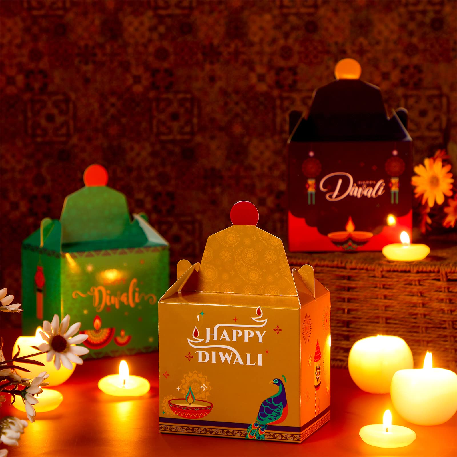 12pcs Diwali Sweet Gift Boxes - Indian Festival Treat Bags for Party Favors & Decor