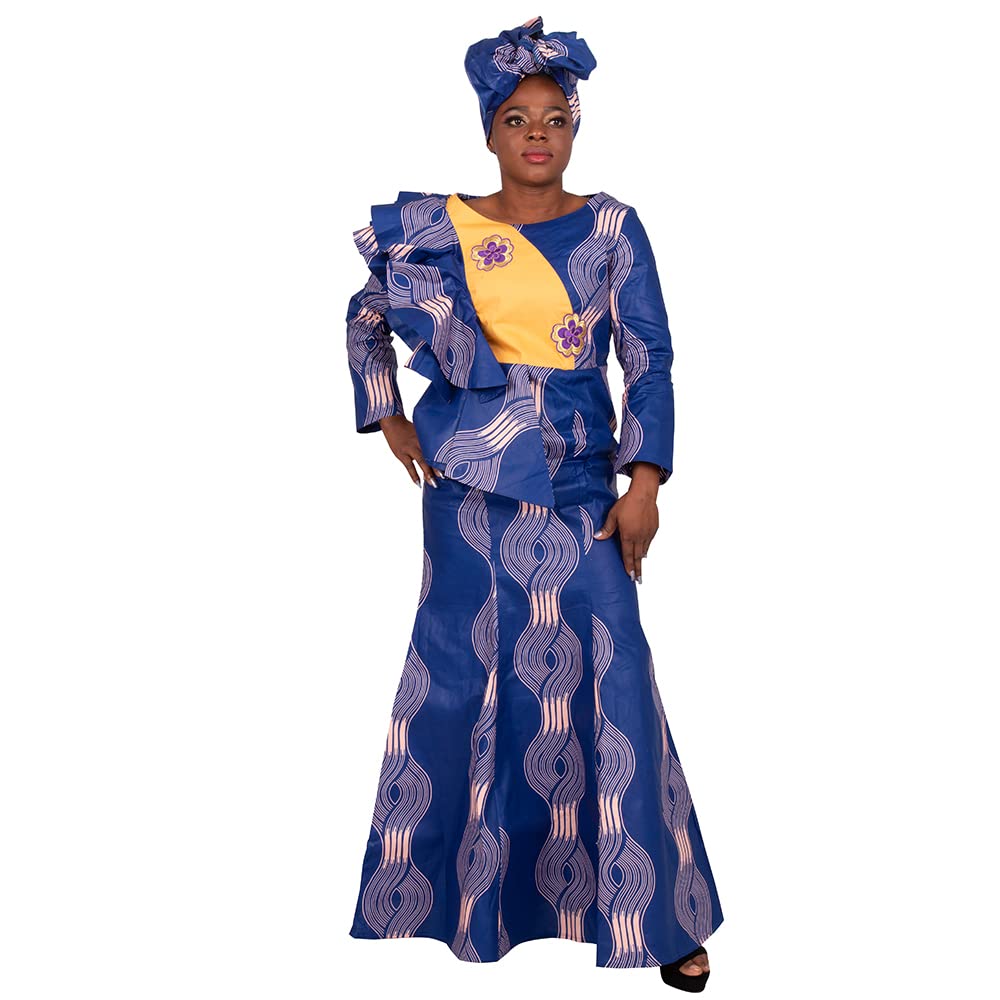 Elegant African Maxi Dress for Women - Long Sleeve Ruffle Mermaid Dress with Matching Headscarf | Perfect for Weddings, Parties & Cultural Events