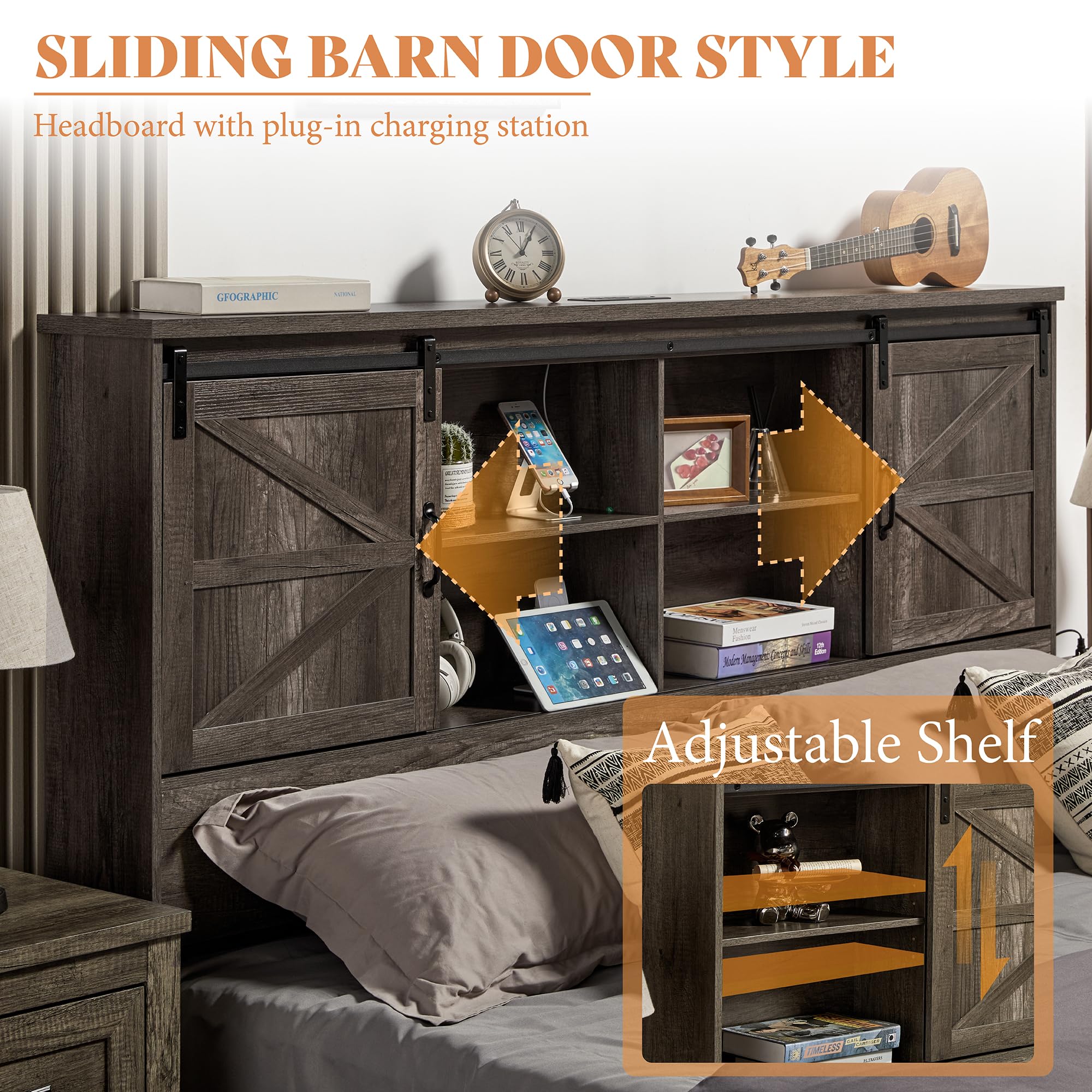 AMERLIFE Farmhouse Queen Bedroom Set - Wood Platform Bed with 51.2