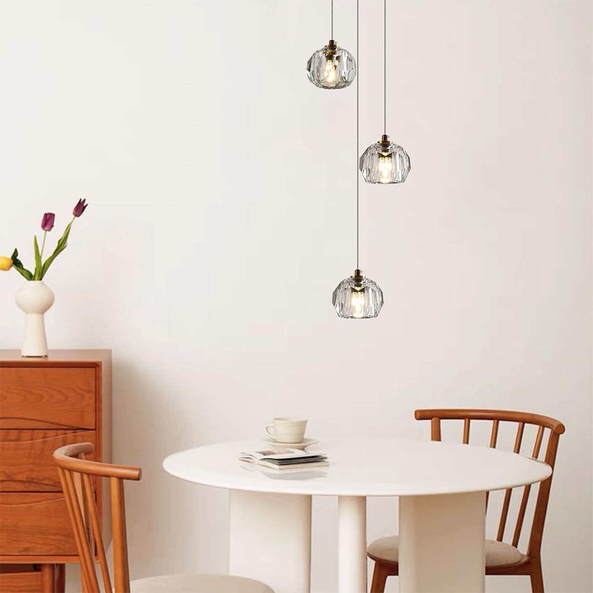 3-Light Cut Pendant Light Fixtures - 9W Brass LED Ceiling Pendant Lighting with Clear Prism Crystal - Modern Hanging Lamps for Kitchen Island, Dining Room, Bar, Living Room & Bedroom Decor