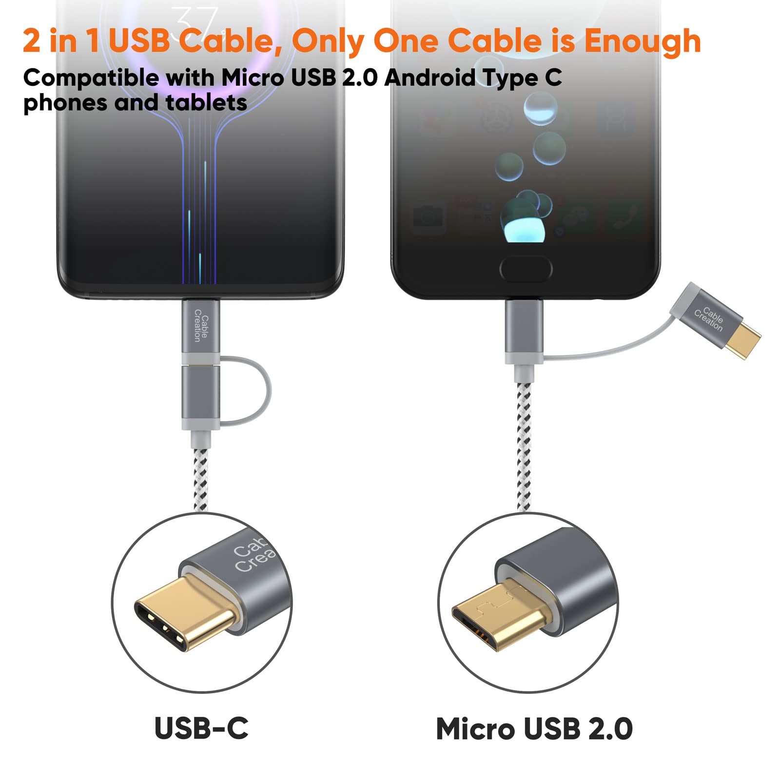 CableCreation 2-in-1 USB C Cable 0.8ft (0.25m) - Braided Micro USB & USB C to USB A Fast Charging Cord - Compatible with Samsung Galaxy S22 Ultra, Note 8, Google Pixel XL & Android Devices - Space Gray - Perfect for Home, Office & Travel Charging