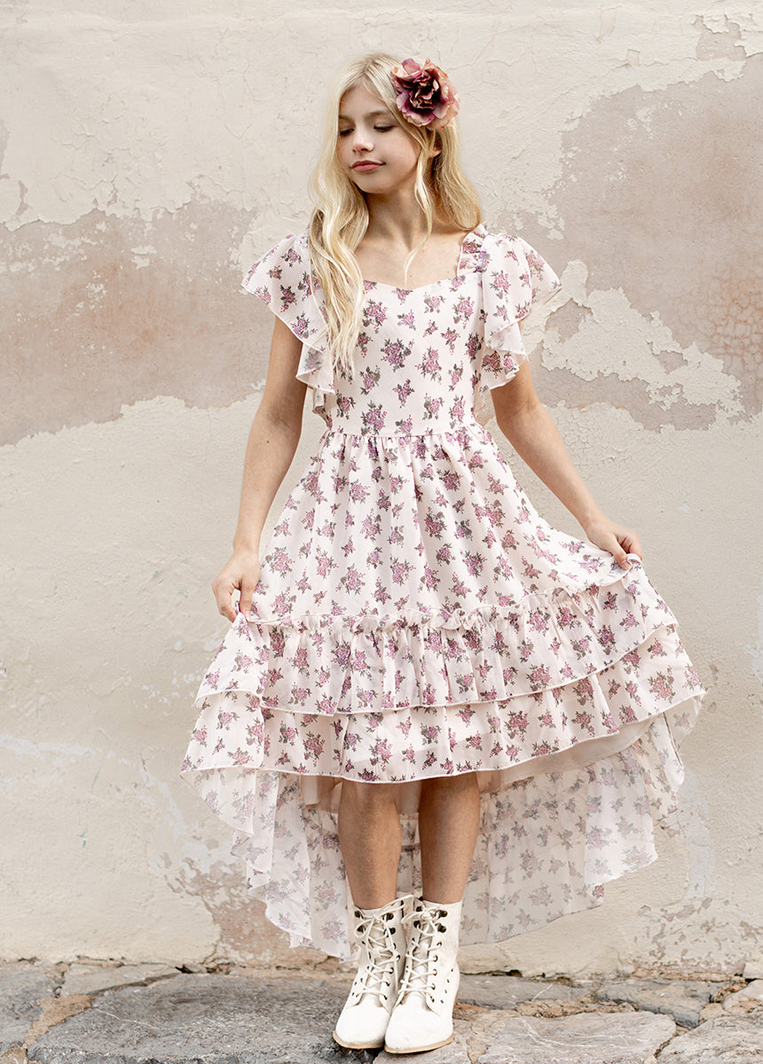 Dimia Women's Lilac Ditsy Floral Dress - Elegant Flowy Midi Dress with Short Sleeves for Spring Summer, Wedding Guest, Date Night & Special Occasions