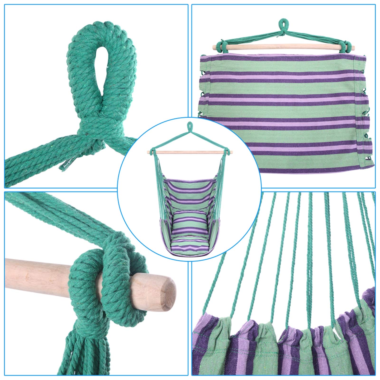 Hanging Rope Swing Chair - Comfortable Hammock Chair for Adults, Indoor/Outdoor Use with 2 Seat Cushions (Green) - Perfect for Bedroom, Porch, Garden, Patio & Yard Relaxation