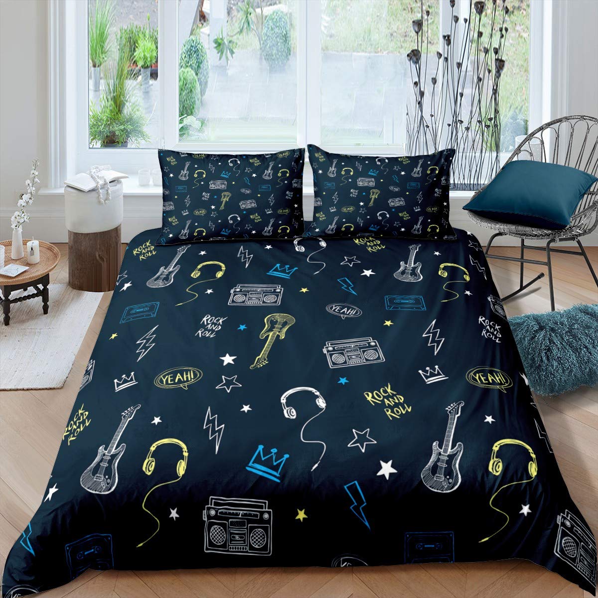 Manfei Rock Roll Duvet Cover Set with Guitar, Radio & Headphone Design - 3 Piece Music Themed Bedding Set for Kids & Teens | Soft Polyester Full Size Comforter Cover + 2 Pillowcases (Comforter Not Included) | Perfect for Music Lovers' Bedrooms, Teen Girls' Room Decor & Rock Theme Sleepovers