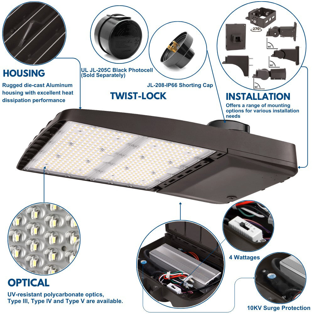 Konlite Vela III LED Parking Lot Light - 310W/280W/260W/240W Selectable, 46,600 Lumens, Type III, 120-277V, 5000K Daylight (1000W Equivalent) - Ideal for Commercial Parking Lots, Warehouses & Outdoor Security Lighting